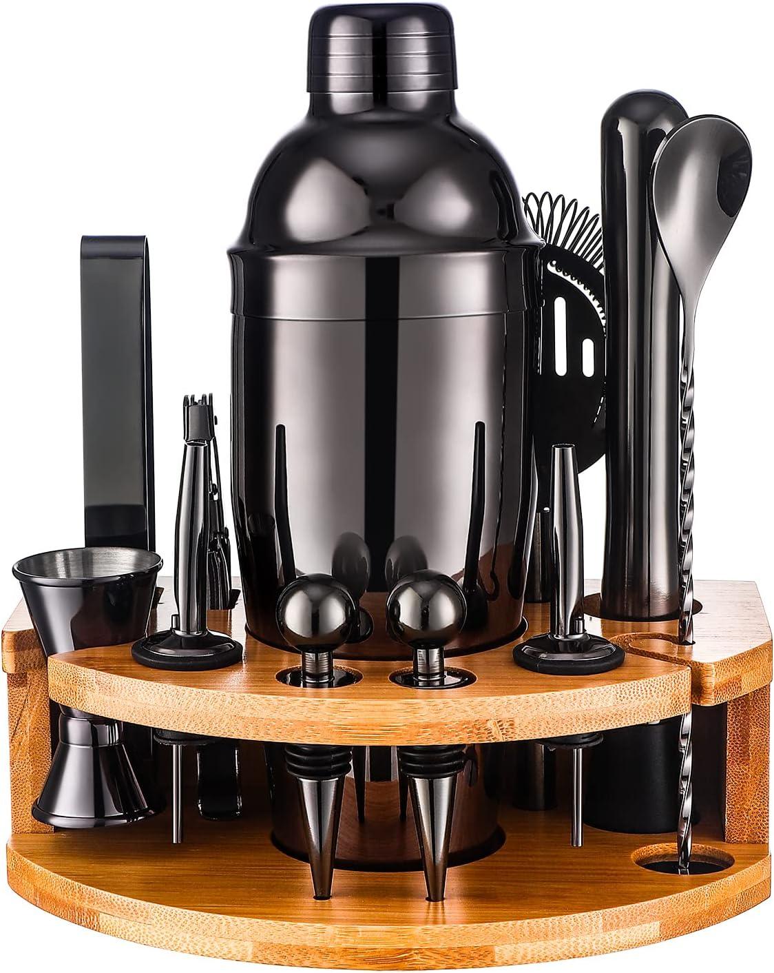 Black Stainless Steel Bartender Kit with Bamboo Stand