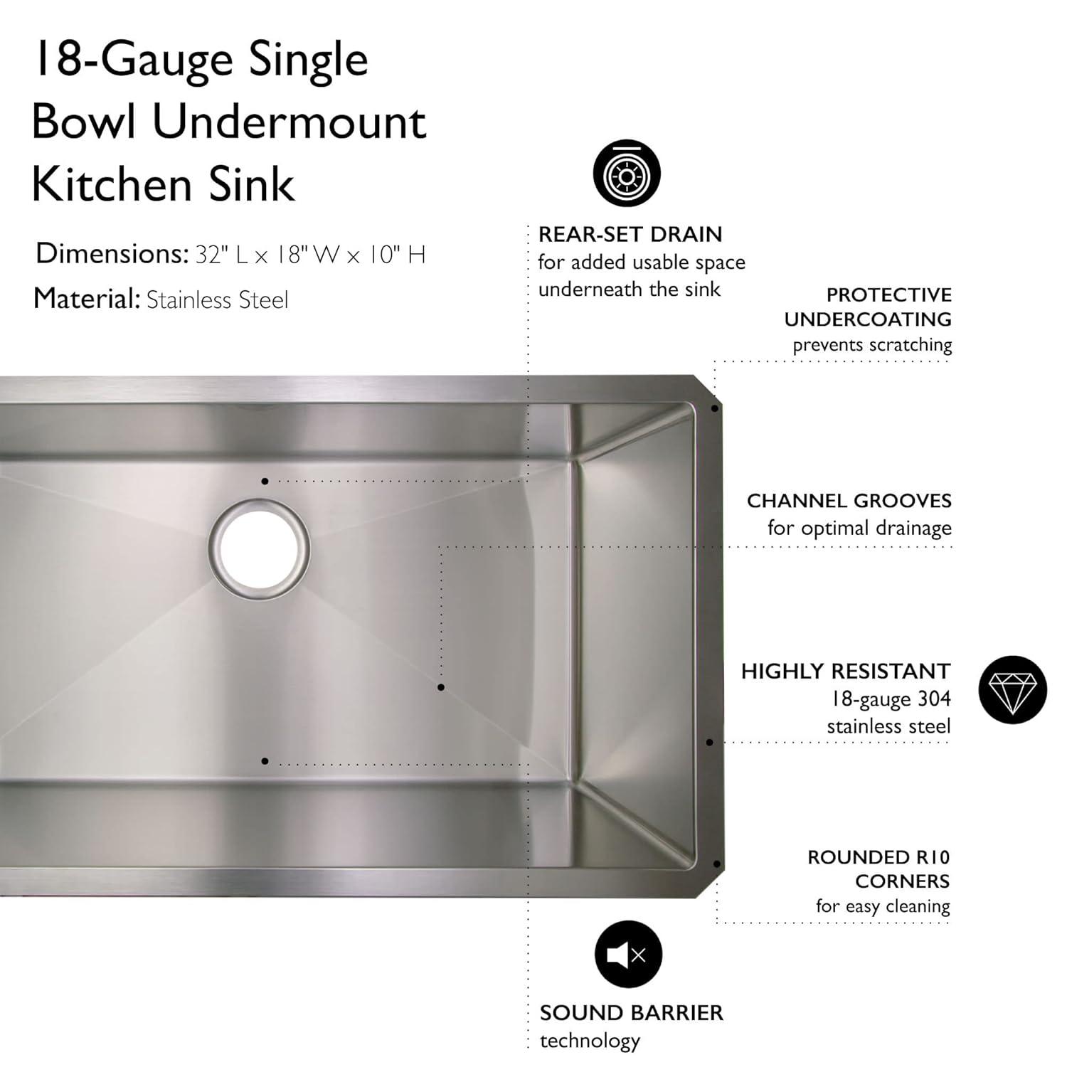 Sinber 32" x 19" Undermount Double Bowl Kitchen Sink with 18 Gauge 304 Stainless Steel Satin Finish