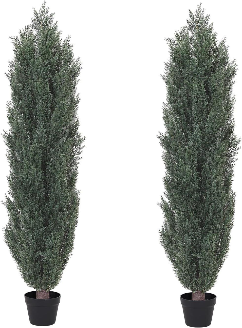 Poetree 2 Pack 5 ft Cedar Plants Outdoor Artificial Topiary Fake Tree UV Resistant Potted Tree for Porch Decor Faux Pine Tree