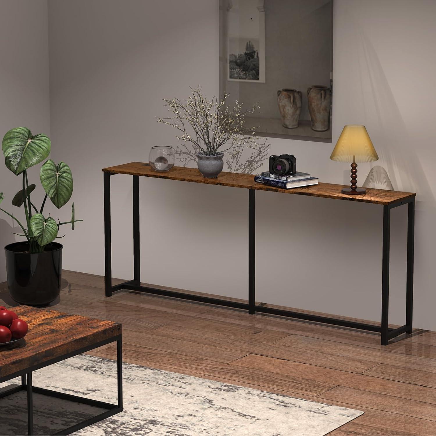 EasyCom 70'' Rustic Wood and Black Metal Console Table with Charging Station