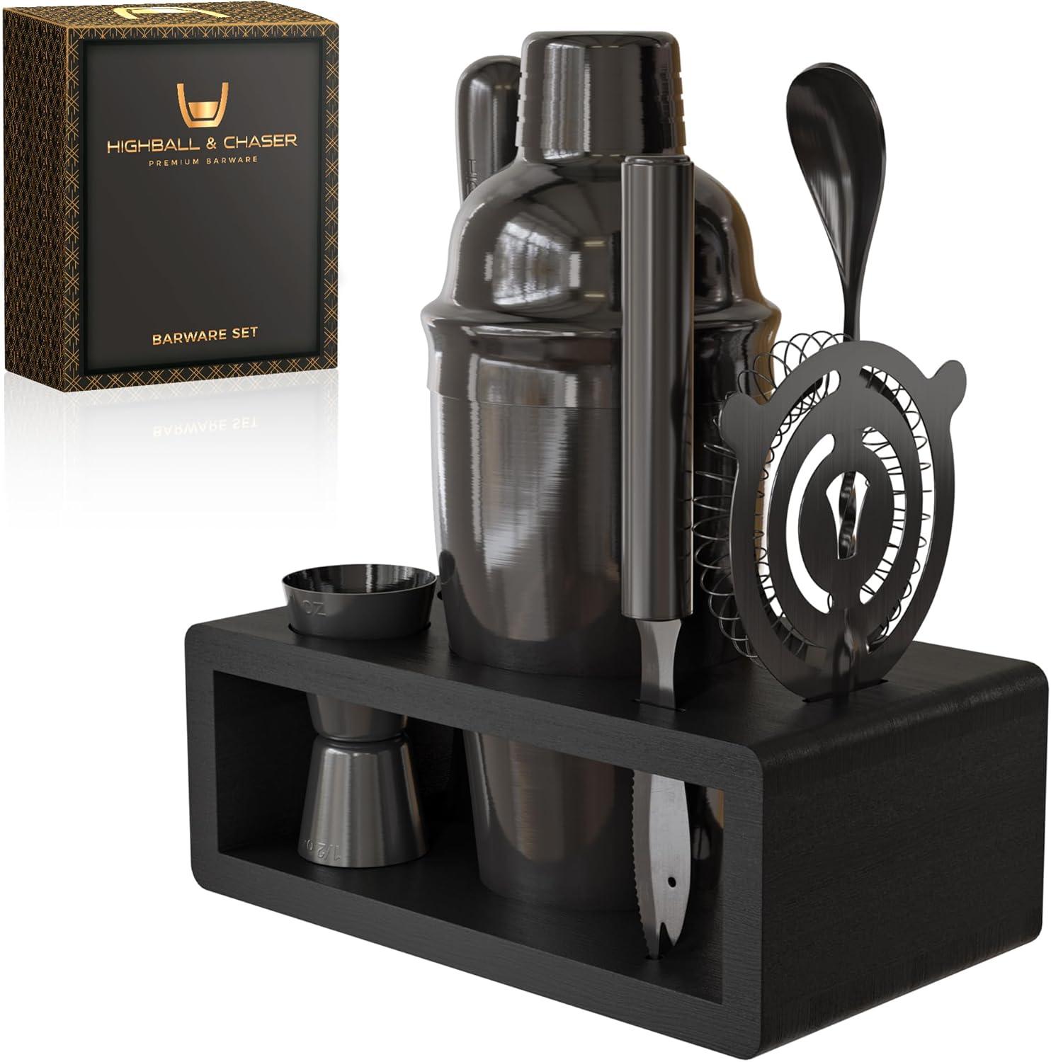 Gunmetal Stainless Steel Bartender Kit with Black Bamboo Stand