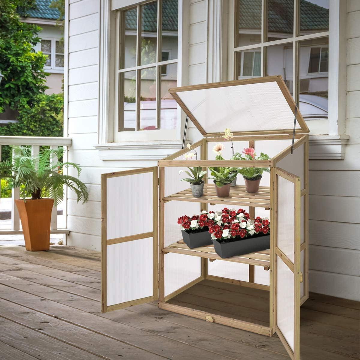 Portable Fir Wood Cold Frame Greenhouse with Shelves