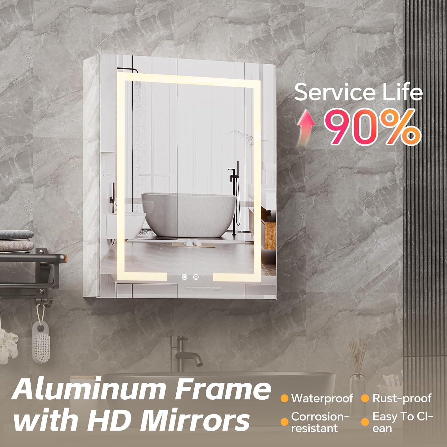 Ebern Designs Christhilde Medicine Cabinet with LED Mirror for Bathroom, Defog, Stepless Dimming, 3 Color Change, 2 Outlets, 2USB