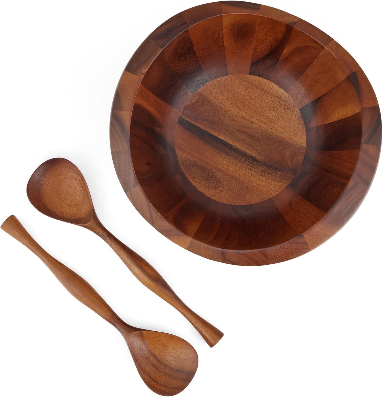 Nambe Bella Acacia Wood Salad Bowl w/ Servers,Bowl: 15" D x 8" H Servers: 13" L