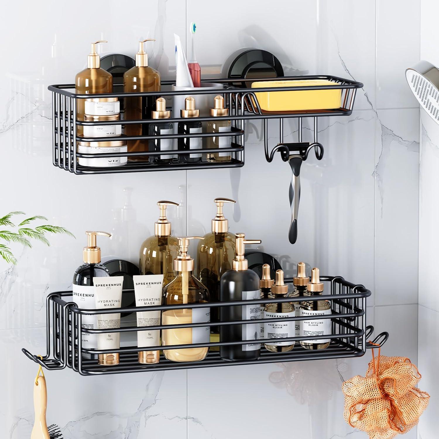 Black Metal Suction Mount Shower Caddy with Hooks