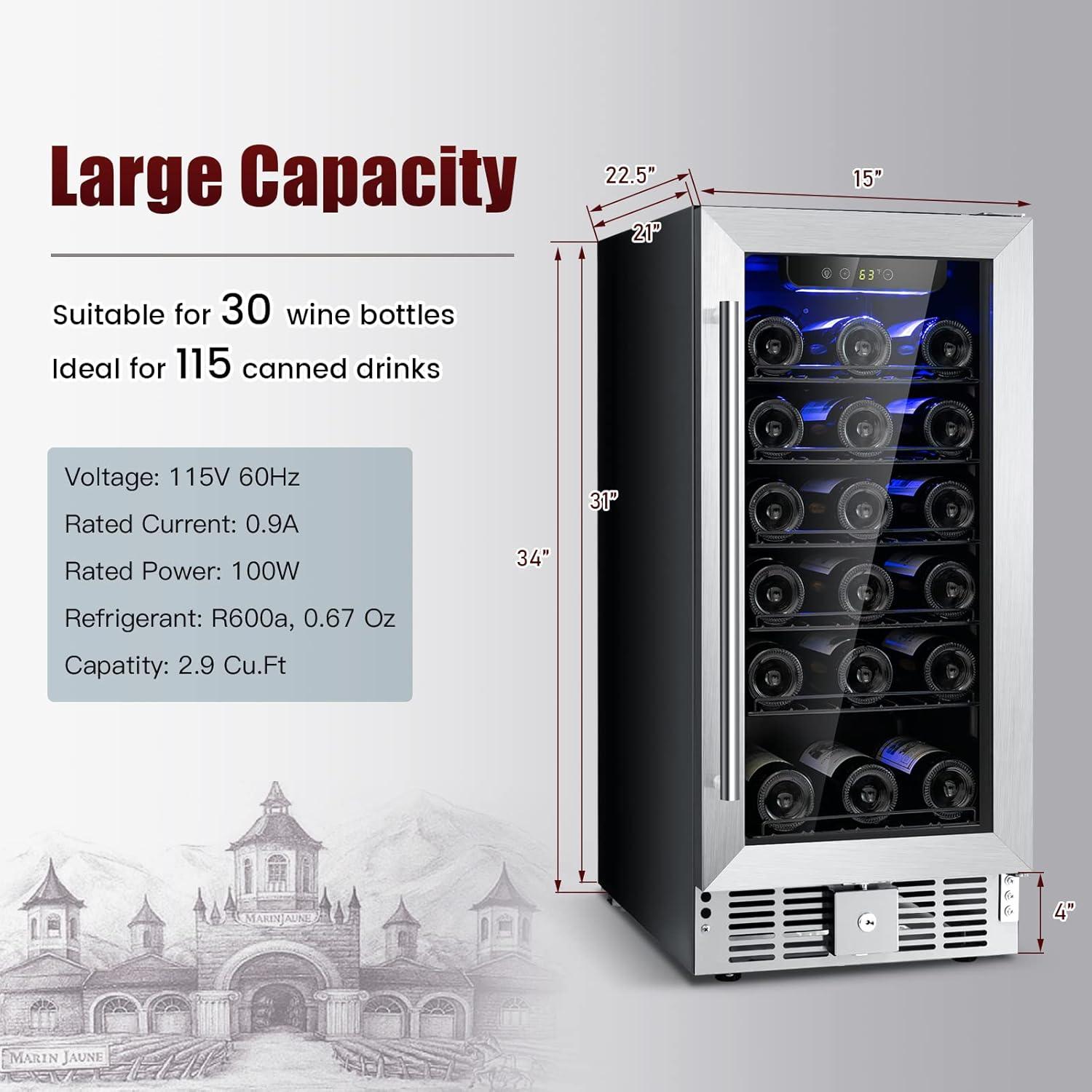 Costway 15'' Wine Beverage Cooler Refrigerator 30-Bottle Freestanding Built-in Fridge