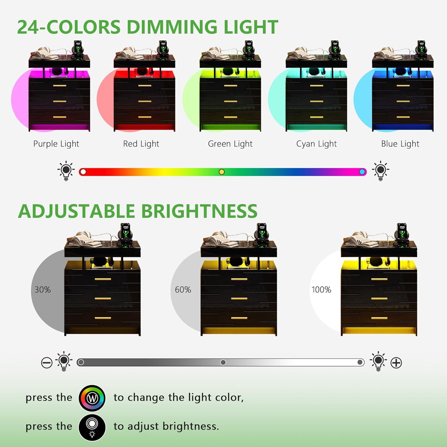 HNEBC Smart LED Nightstand with Wireless Charging & USB Ports, High Glossy Night Stand with 3 Drawers and 1 Pull-Out Tray, Modern Bedside Table with Human Sensor for Bedroom (White)