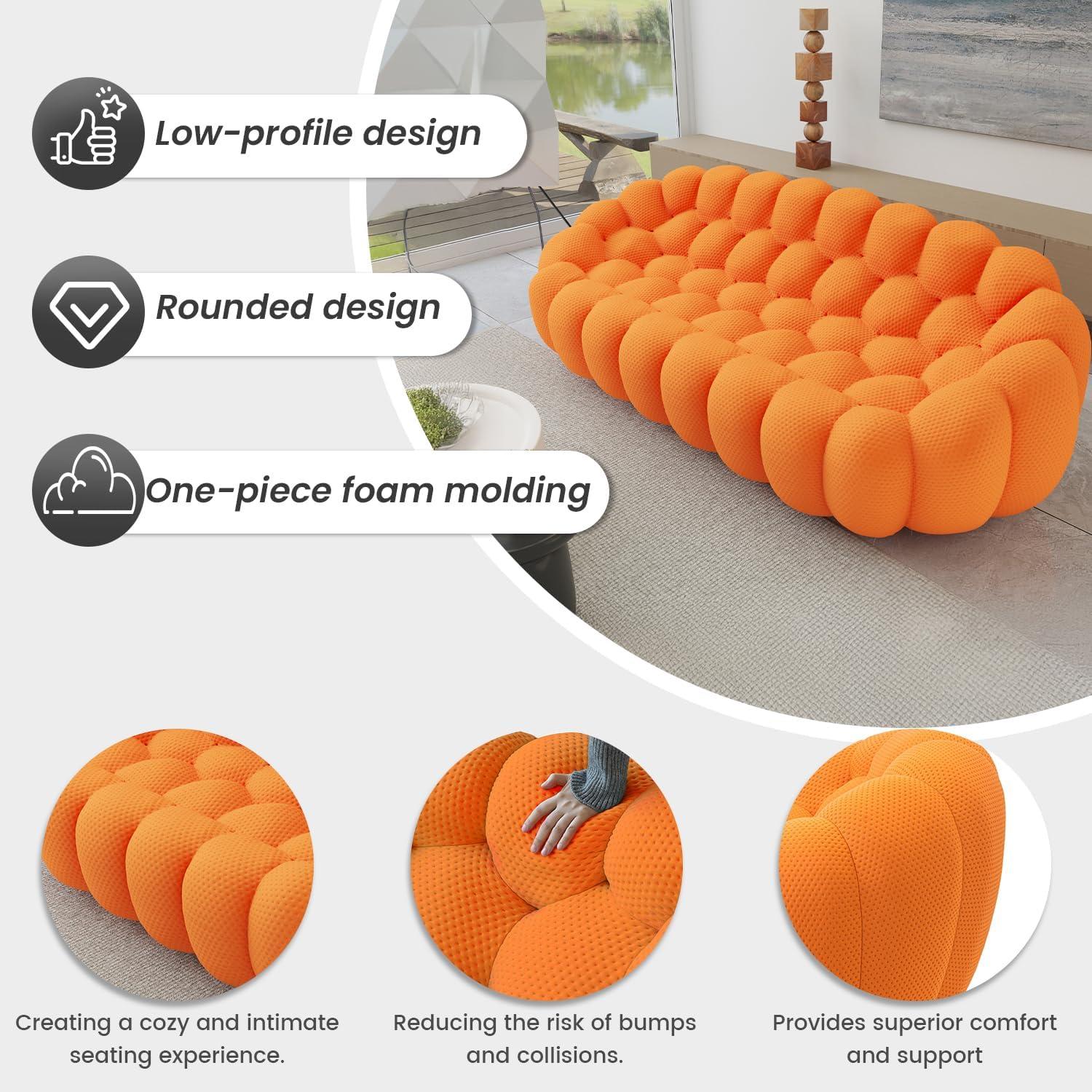 Bubble Couch, 98.43'' Modern 3-Seater Lazy Floor Couch, Memory Foam Bubble Round Sofa 3D Honeycomb Shape Curved Sofas for Living Room, Office, Apartment (Orange)