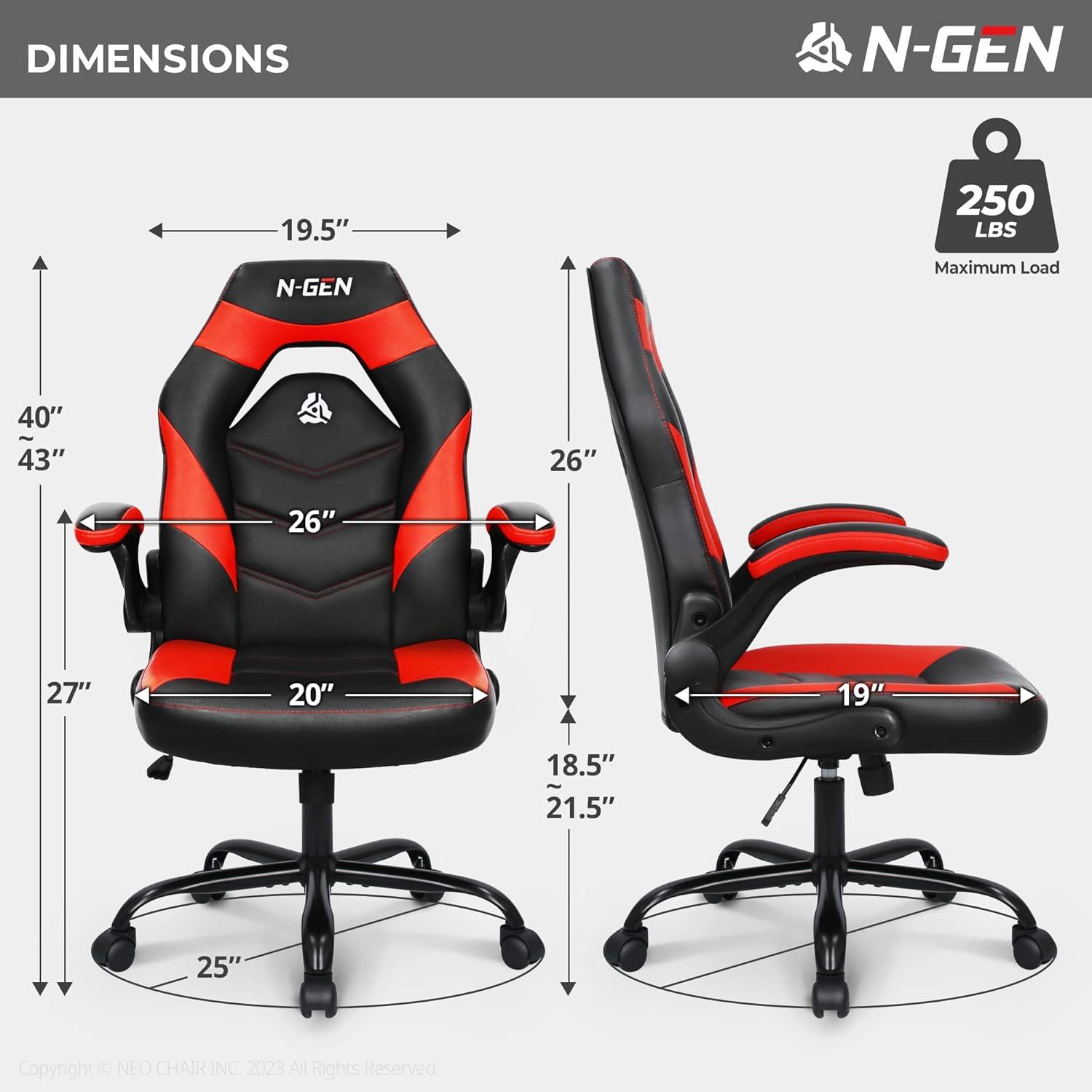 N-GEN Adjustable Ergonomic Faux Leather Swiveling PC & Racing Game Office Desk Chair with Flip-Up Arms
