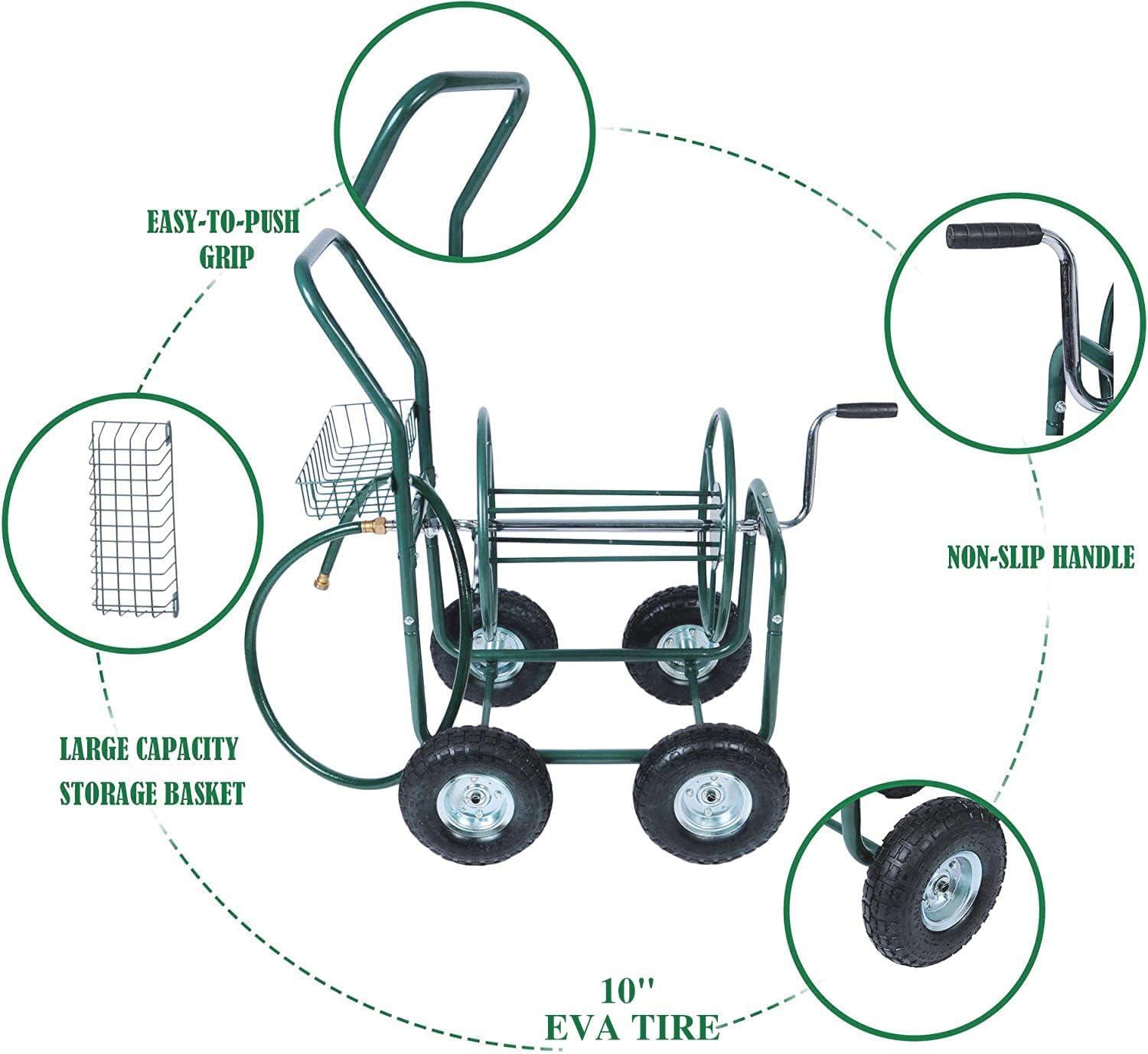 Hose Reel Cart with 4 Wheels,Water Hose Reel for Outside, Heavy-Duty Garden Hose Trusk Holds 230 ft. of 5/8-inch Hose, Green