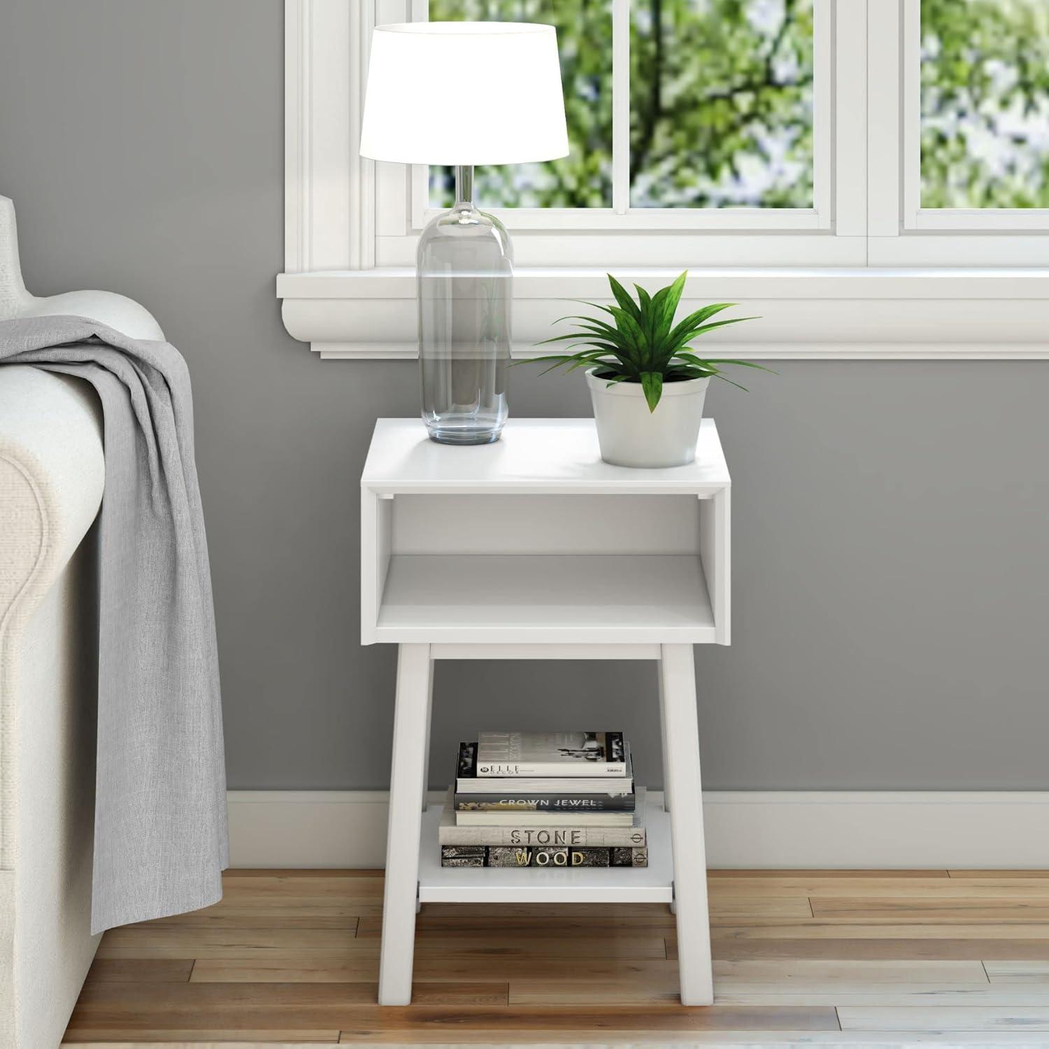 Plank+Beam Mid - Century Modern Nightstand with Cubby Shelf, Solid Wood Bedside Table for Bedroom