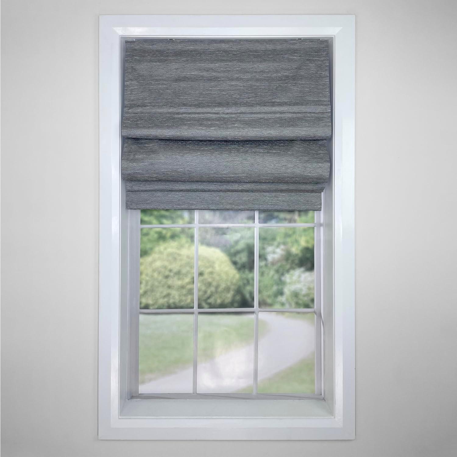 Ash Grey Cordless Roman Blackout Outdoor Fabric Shades 63" x 34"