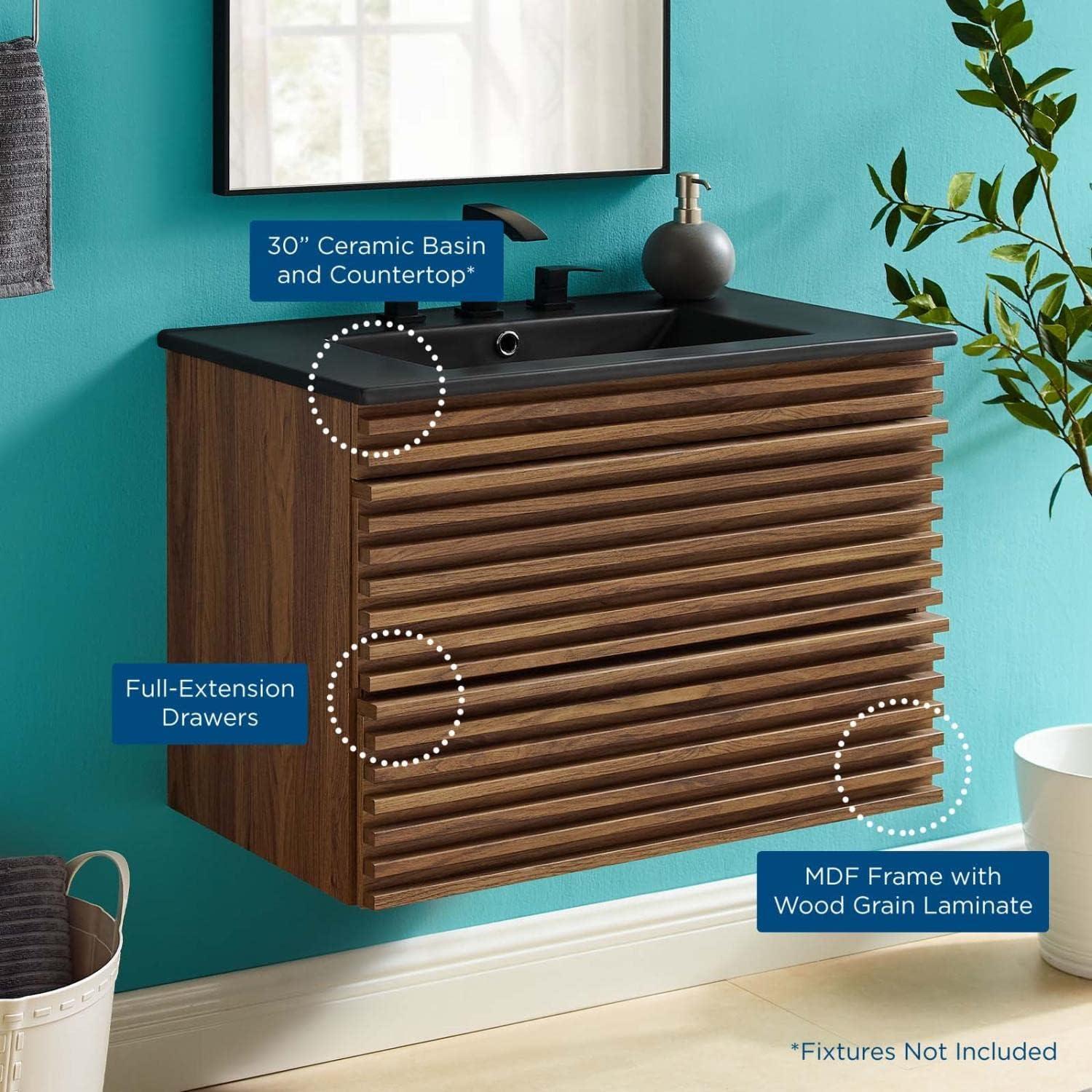 Modway Render Modern Wood Wall-Mount Bathroom Vanity in Walnut/Black