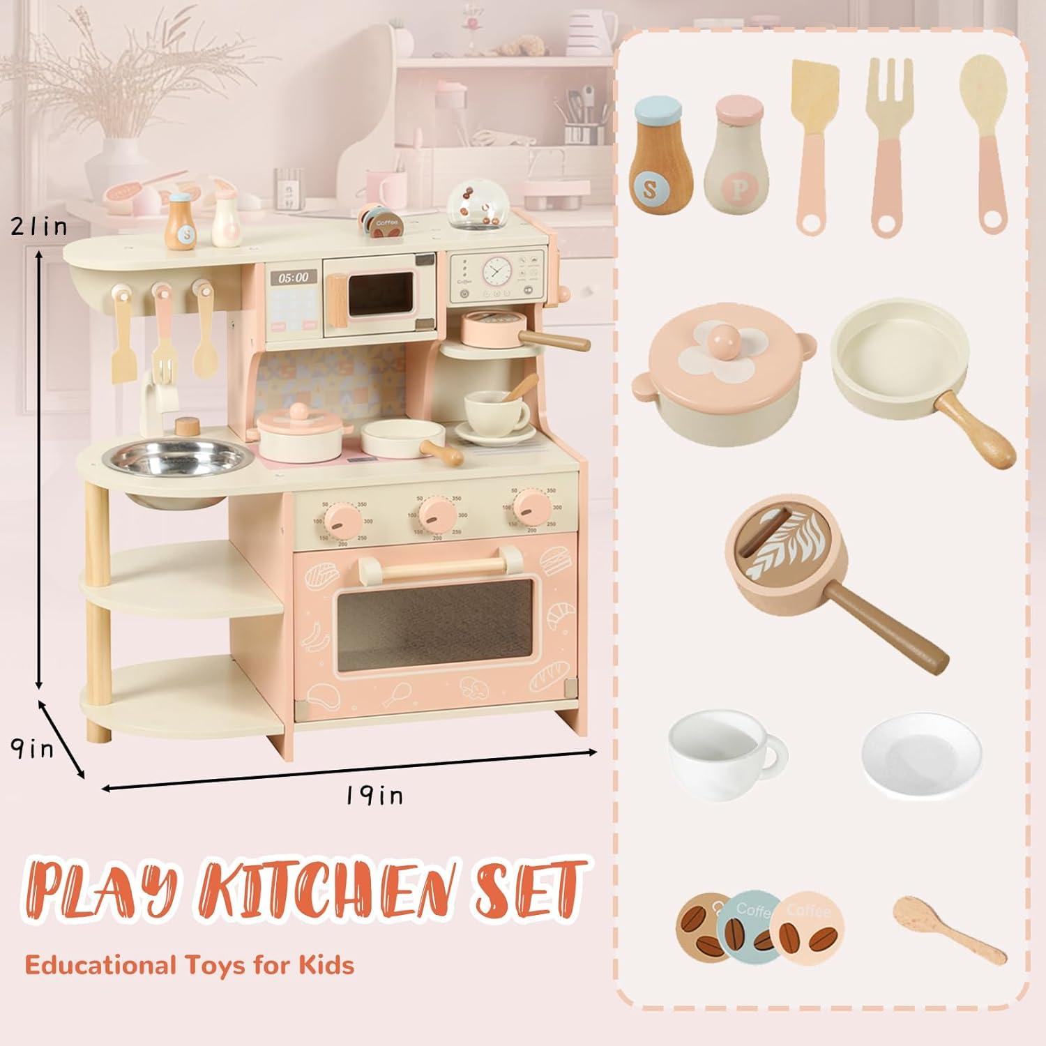 ROBOTIME Wooden Play Kitchen with Realistic Accessories for Kids Toddlers Girls & Boys Modern Style Cooking Toy Pink Kitchen