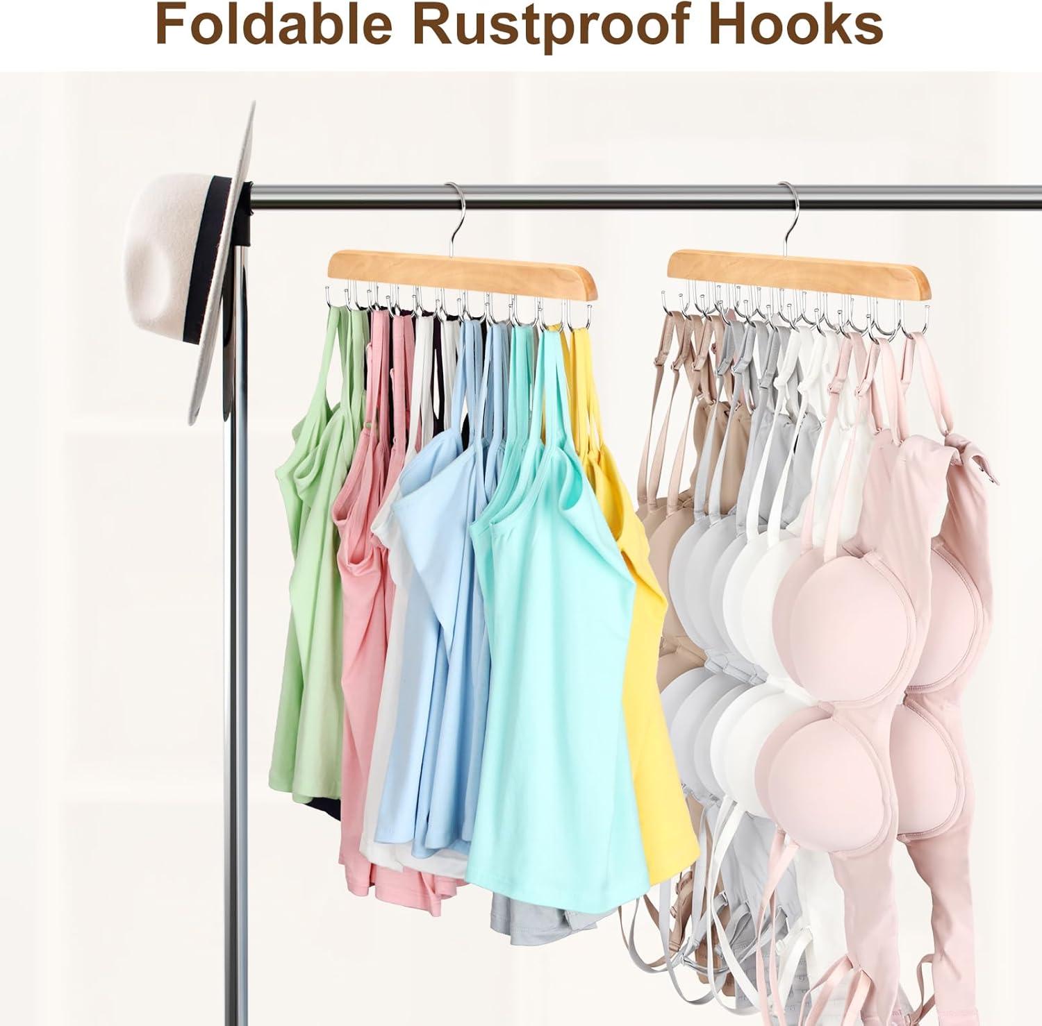 Resovo Bra Hanger for Closet, Tank Top Hanger 20 Hooks Capacity Foldable Wood Space Saving Hanger Closet Organizers and Storage for Dorm & Apartment for Tank Top, Bra, Scarf etc.