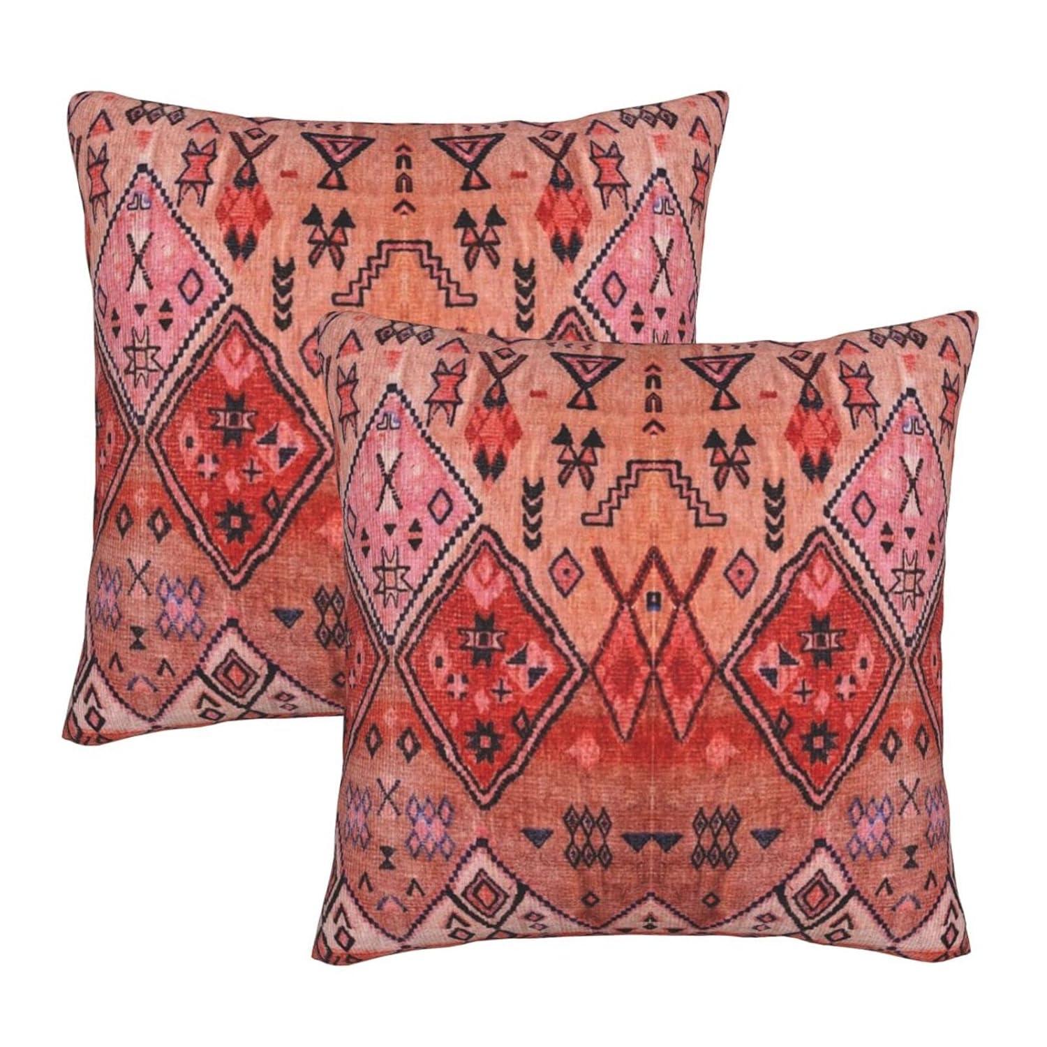 Set of 2 Throw Pillow Cover Boho Farmhouse Oriental Traditional Moroccan Style Throw Pillow Case Soft Velvet Decorative Home Decor Living Room Cushion Case for Bed Couch Car 18x18 Inch