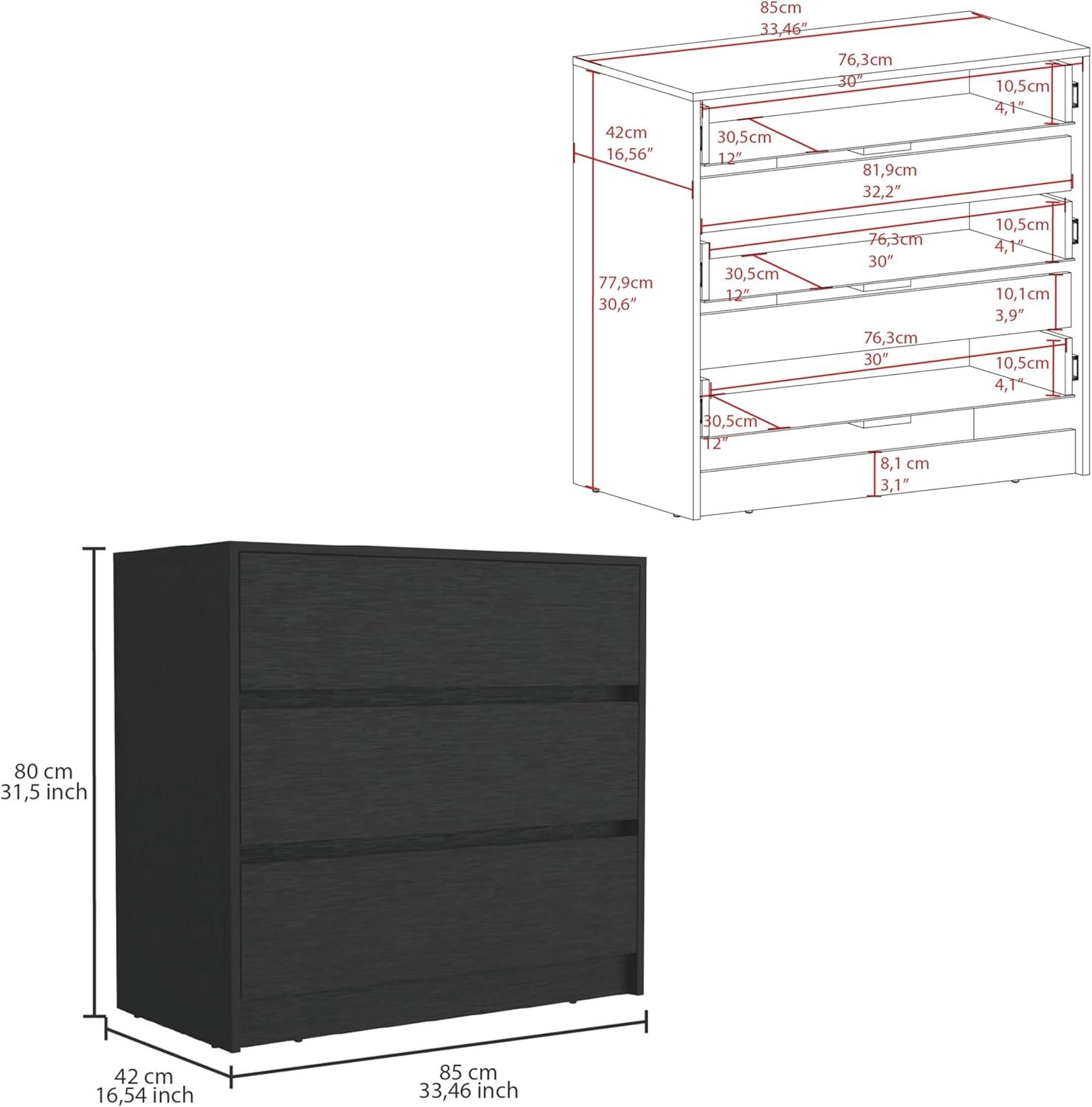 TUHOME Austin Three Drawer Dresser Engineered Wood Dressers in  Black