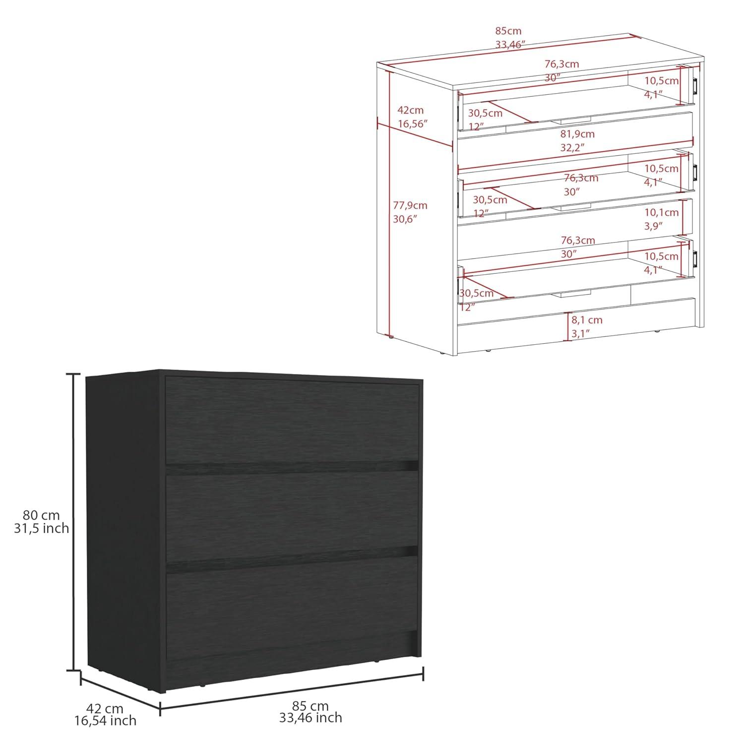 TUHOME Austin Three Drawer Dresser Engineered Wood Dressers in  Black