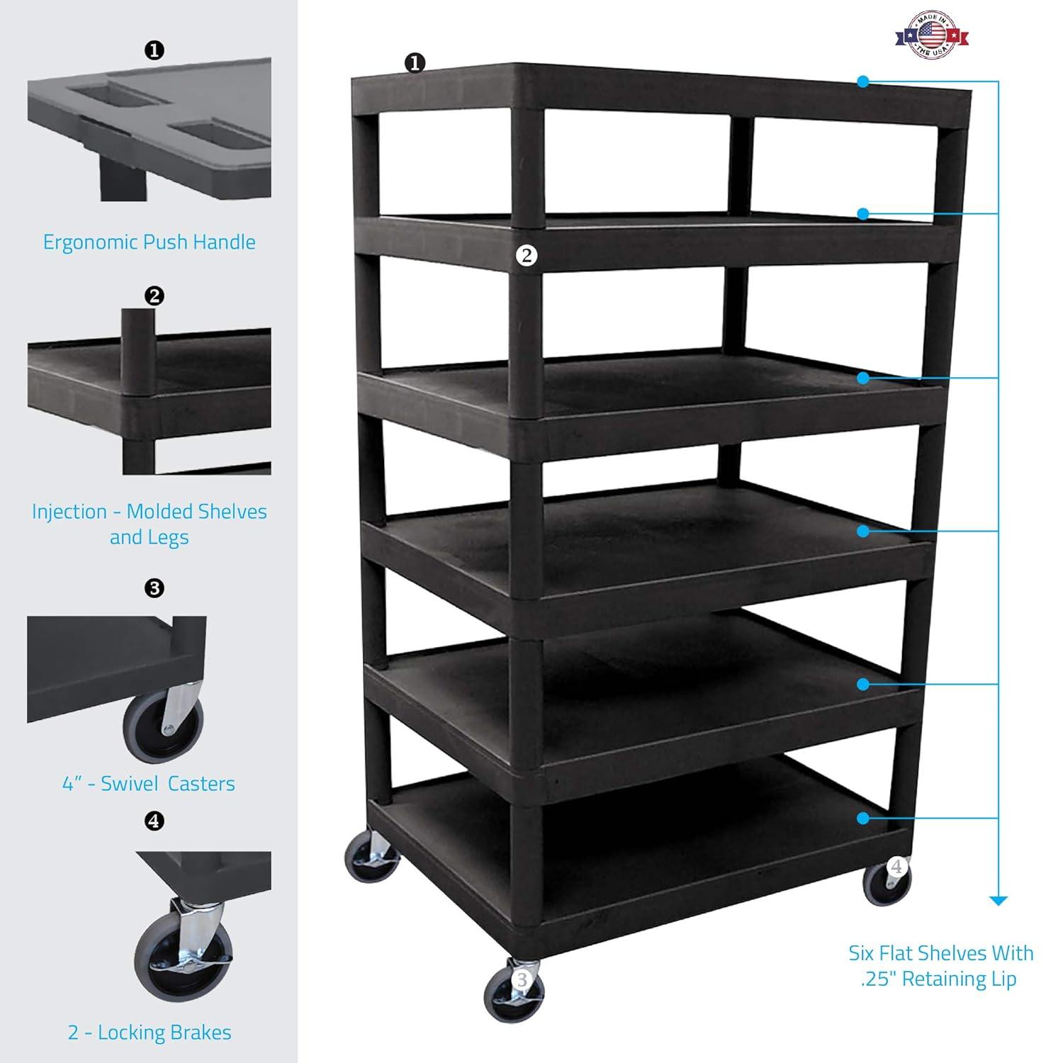 Black Thermoplastic Resin 6-Shelf Utility Cart with Locking Wheels