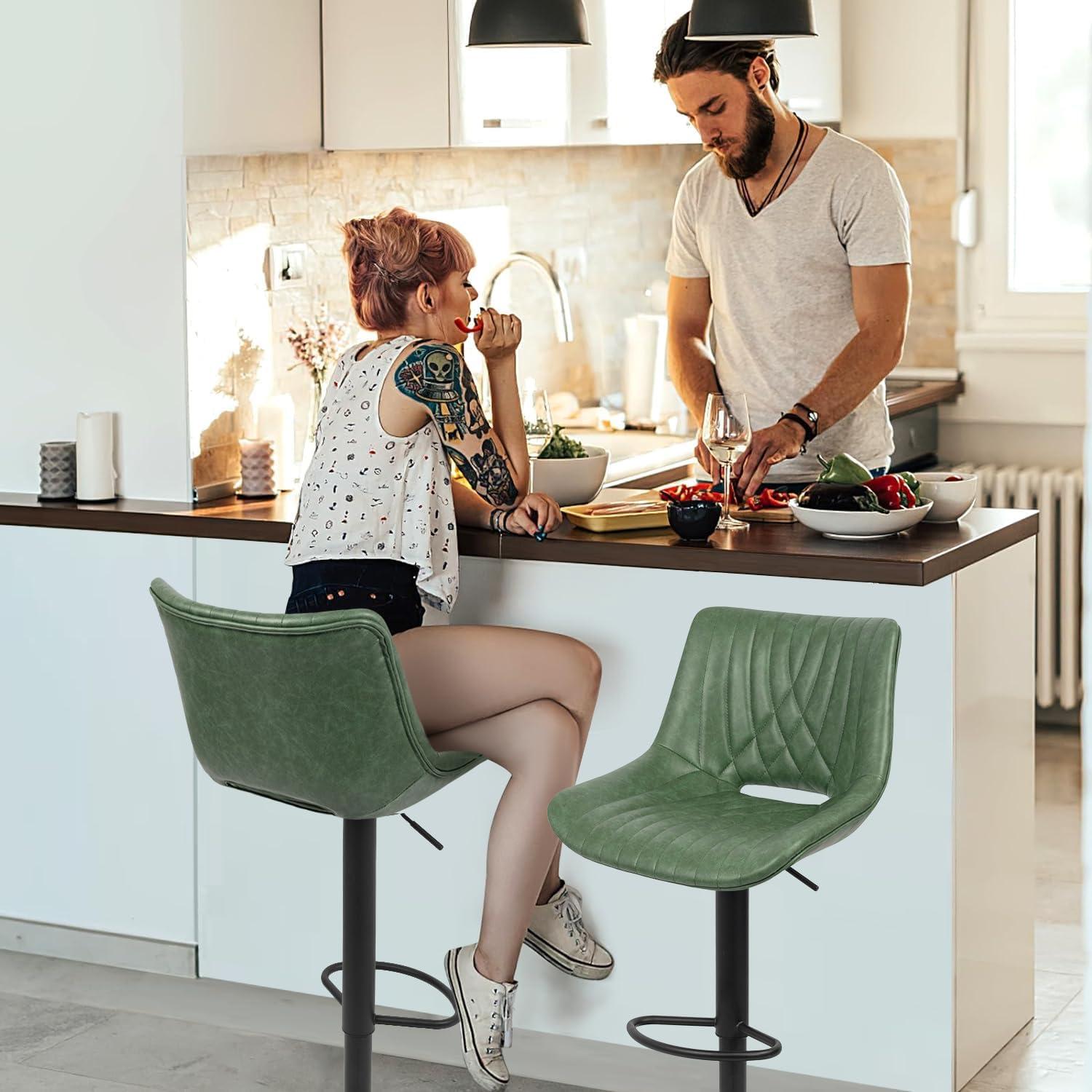 Restworld Set of 2 Modern Adjustable Bar Stools,Faux Leather Swivel Counter Stools with Sturdy Large Base, Ideal for Kitchen and Dining Areas,Green