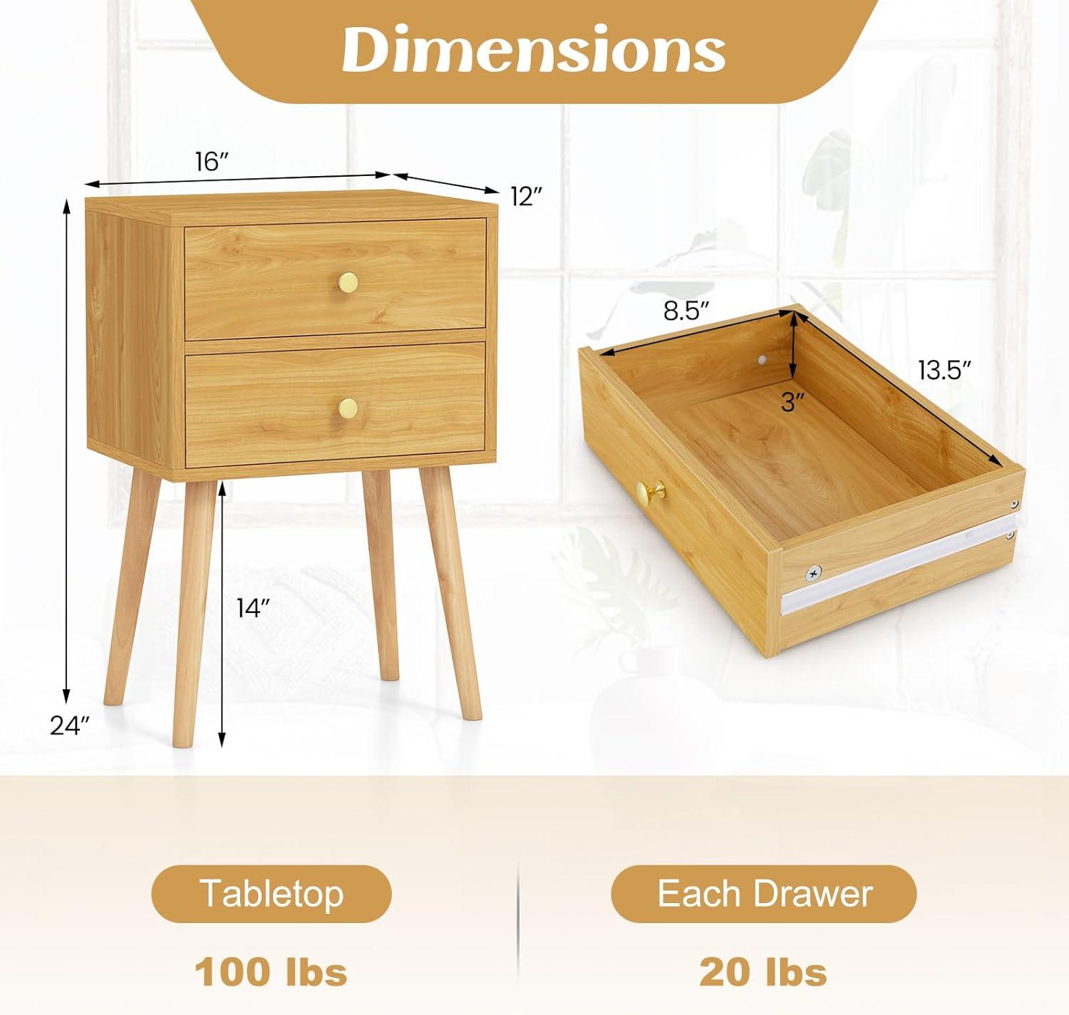 Nightstand W/2 Drawers For Bedroom Living Room Small Spaces Modern Home Furniture Simple Natural Legs Storage End Side Tables (1, Natural)
