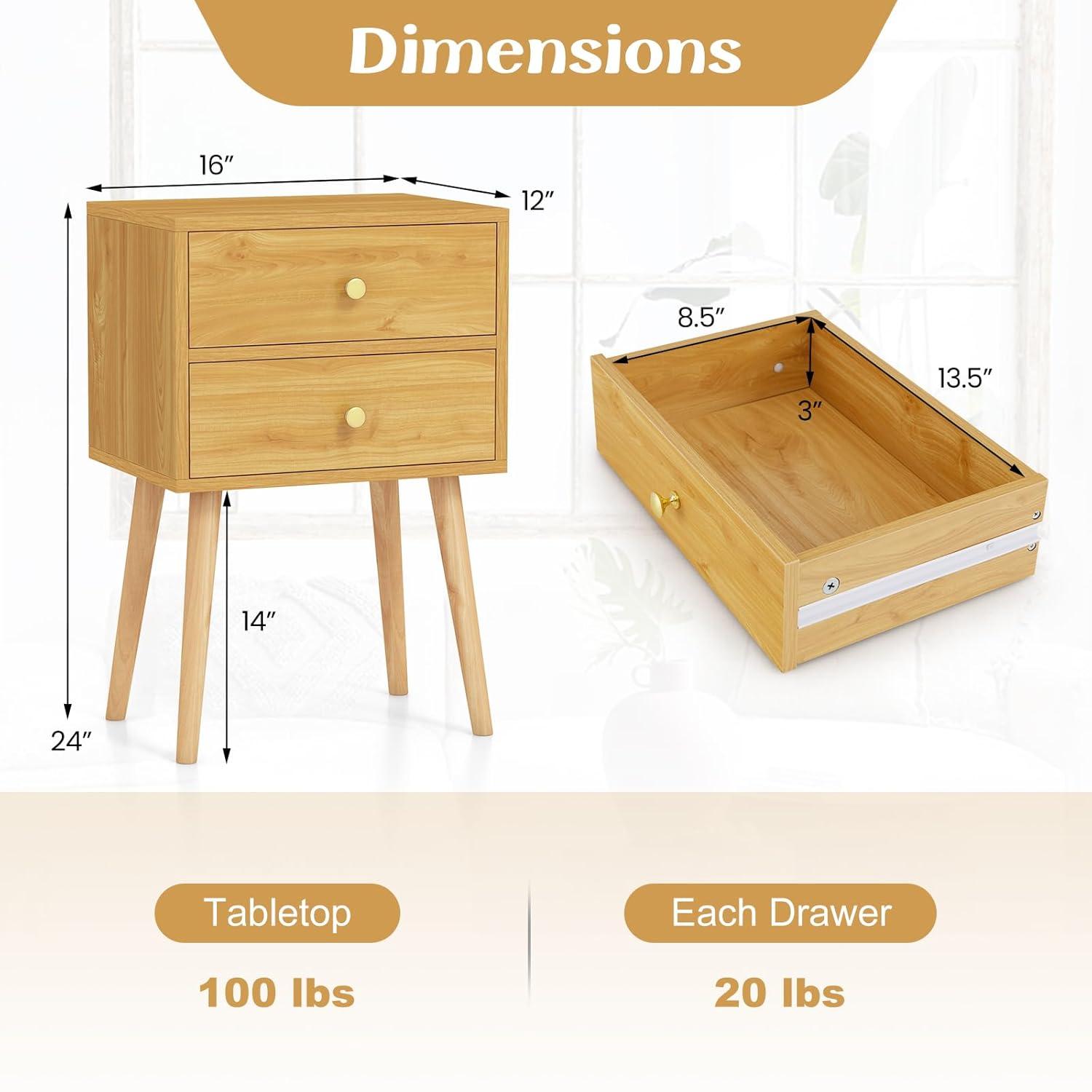 Nightstand W/2 Drawers For Bedroom Living Room Small Spaces Modern Home Furniture Simple Natural Legs Storage End Side Tables (1, Natural)