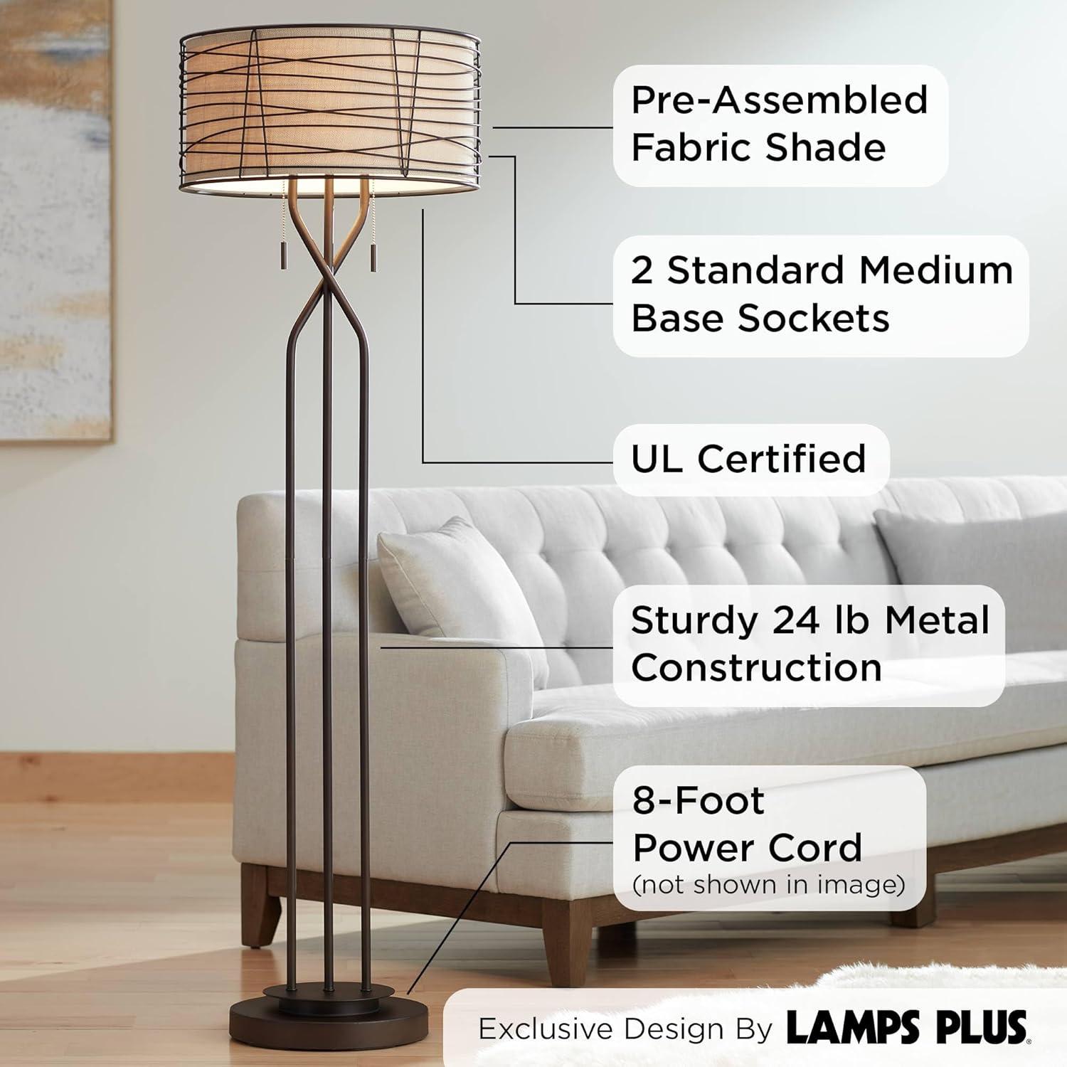 Franklin Iron Works Marlowe Rustic Farmhouse Floor Lamp 60 1/2" Tall Bronze Metal Oster Woven Burlap Fabric Inner Drum Shade for Living Room Bedroom