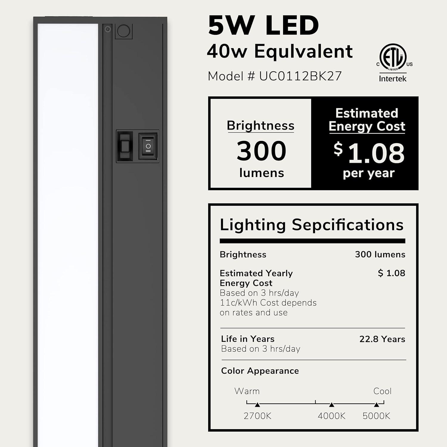 LAGOM 12" Direct Wire Dimmable LED Under Cabinet Lights, Selectable 2700K/4000K/5000K