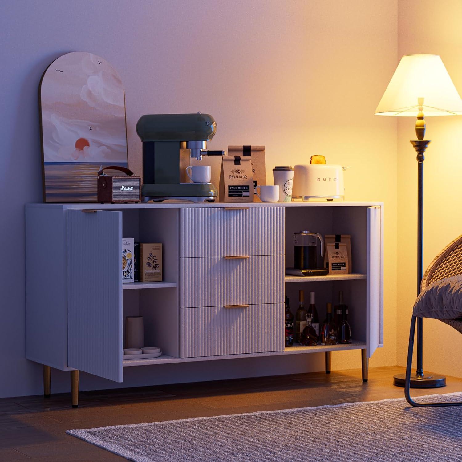 White Fluted Sideboard with Adjustable Shelves and Metal Legs