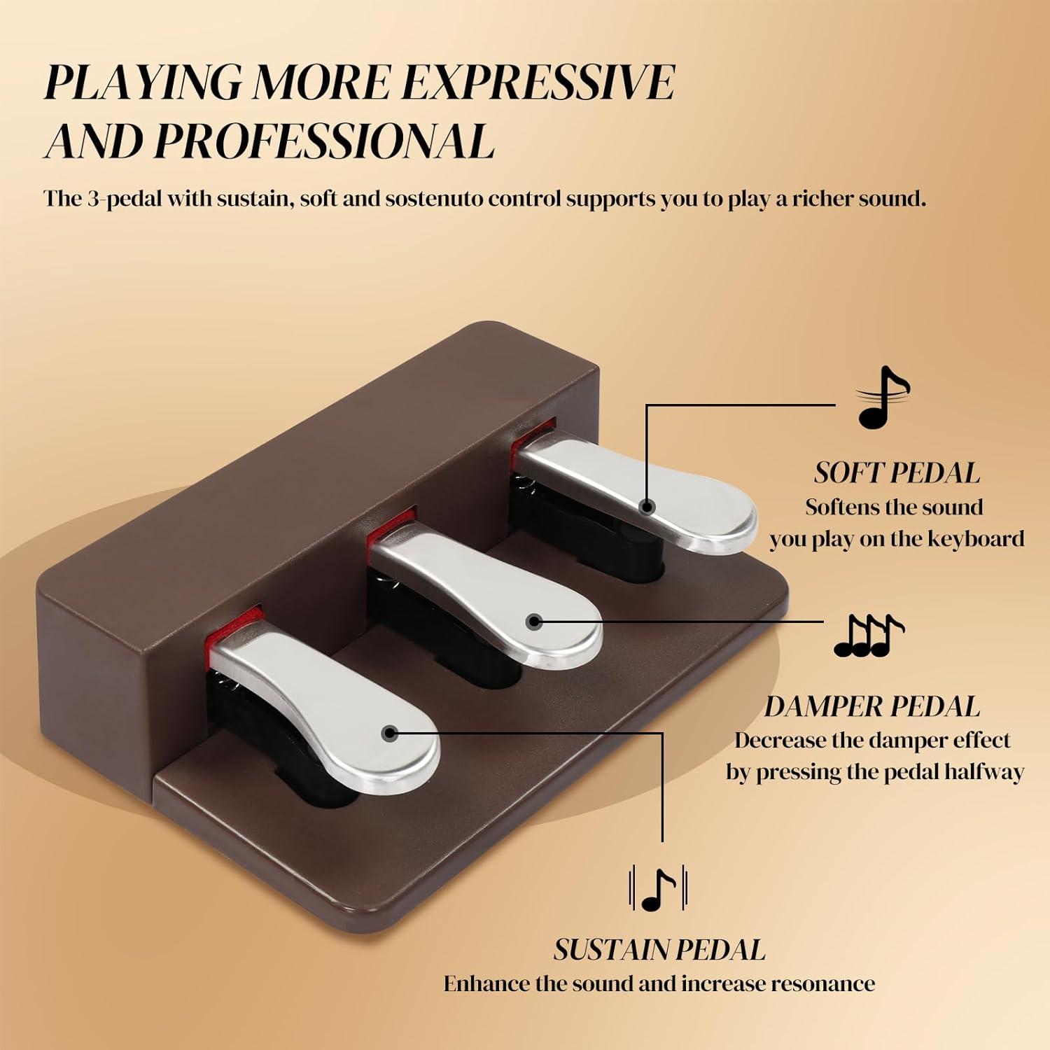 Ktaxon 88 Key Keyboard Piano Weighted Action Electronic Keyboard, Digital Piano with 3-Pedal Unit, Removable Music Stand, Stereo Headphone, Retro Dustproof Cloth and MIDI Connection