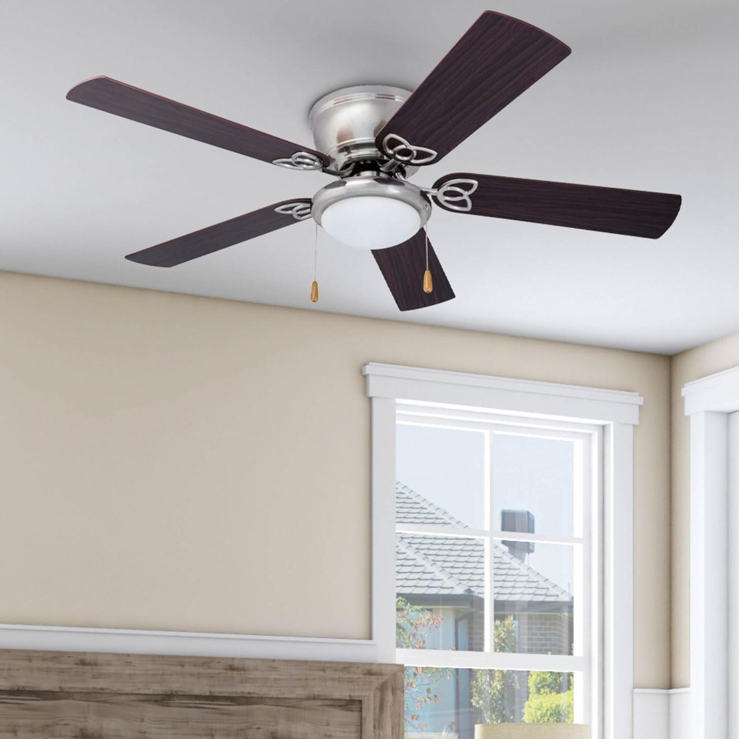 Prominence Home 51428 Benton Hugger/Low Profile Ceiling Fan, 52” Walnut/Maple Blades, LED Globe Light, Brushed Nickel