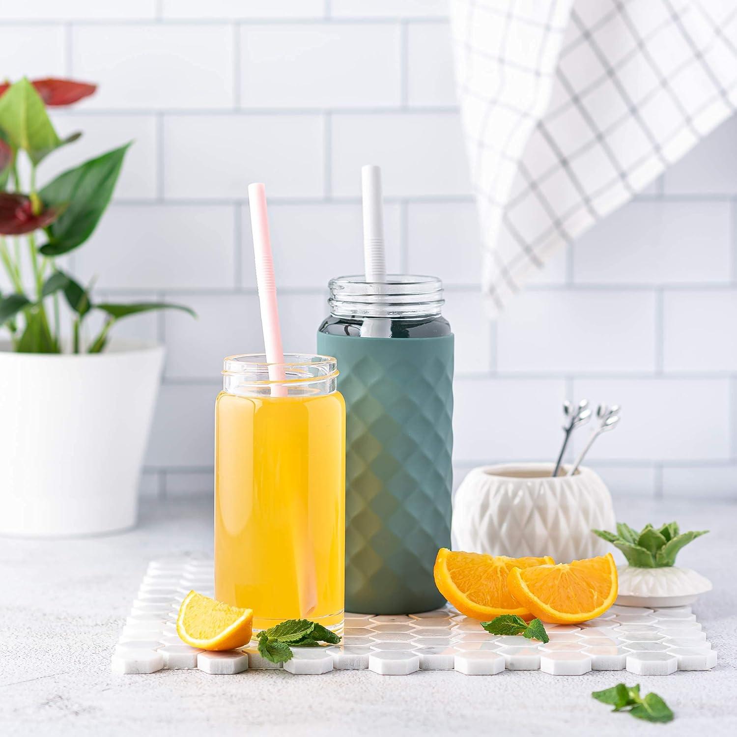 shuoli 4 Pack Wide Mouth Glass Bottles With Lids For Juicing, Smoothies, Infused Water, Beverage Storage - 10Oz, BPA Free, Stainless Steel Lids, Leakproof, Reusable, Borosilicate