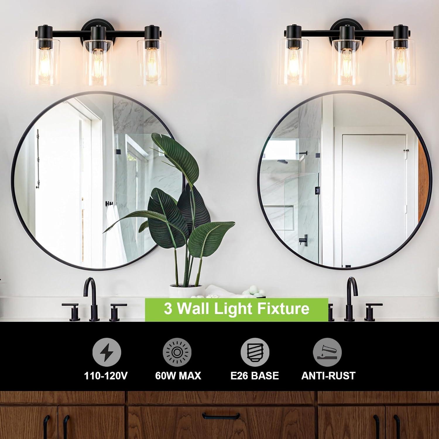 3-Light Bathroom Light Fixtures Bathroom Vanity Lights with Clear Glass Shades Matte Black Bathroom Light Fixtures over mirror for Mirror Living Room Cabinet Bedroom Porch