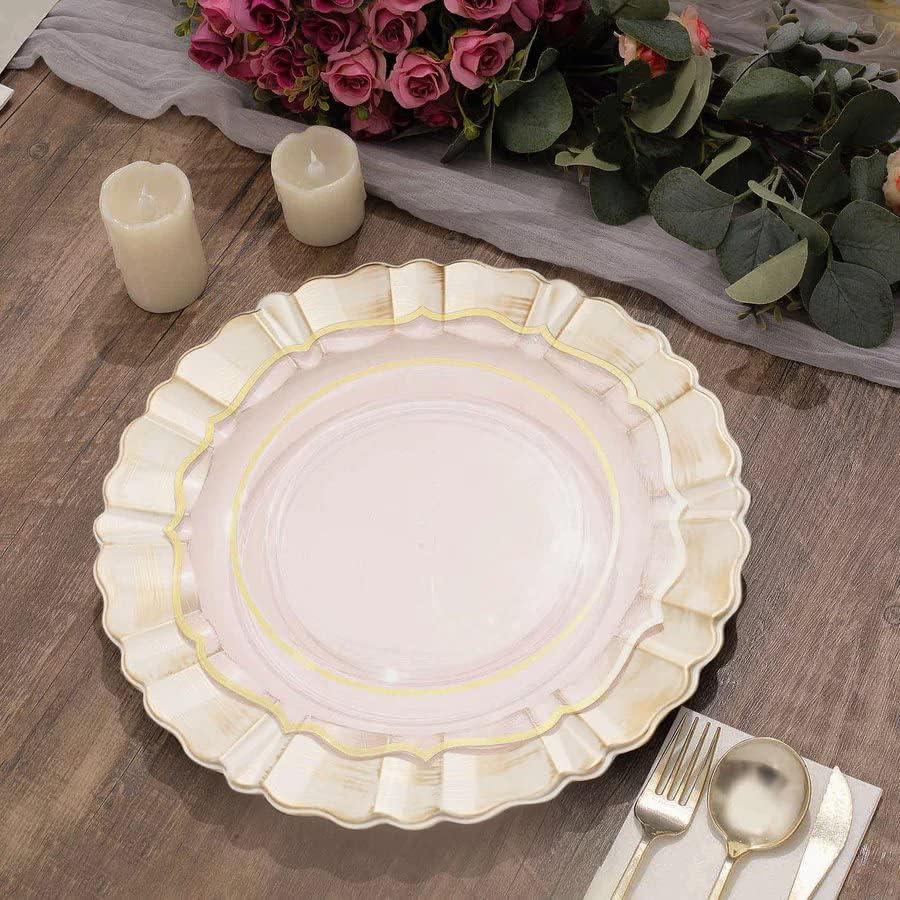 BalsaCircle 6 Dusty Blue Gold 13" Acrylic Wooden Textured Round Scalloped Trim Plastic Charger Plates