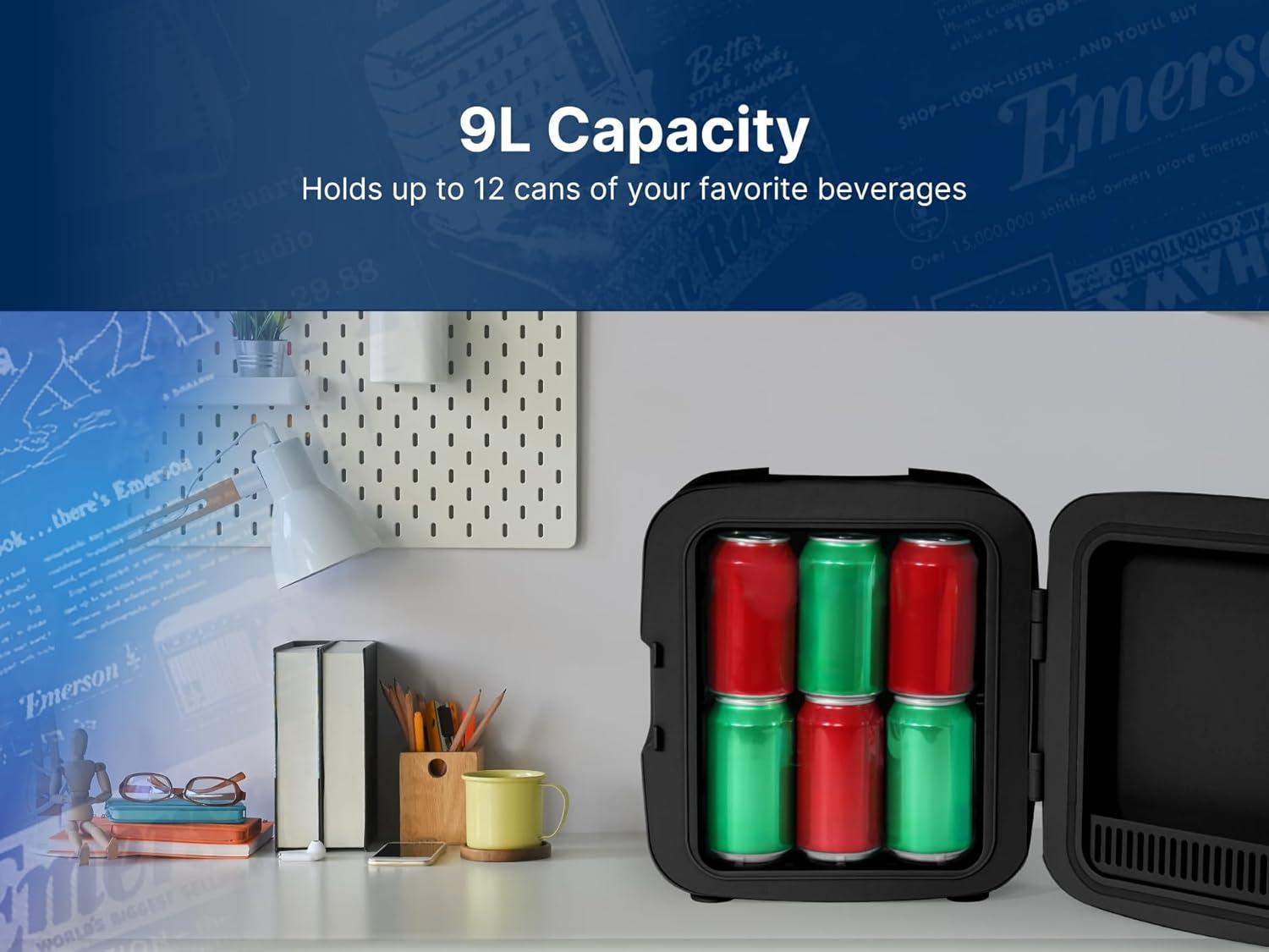 Emerson Emerson EFC-5001 Portable XL Mini Fridge Cooler for 12 Cans, 8L Capacity, AC/DC Power Compatibility, Removable Shelf, Lightweight Design – Ideal for Home, Office, Travel, Dorms, and Outdoor Use