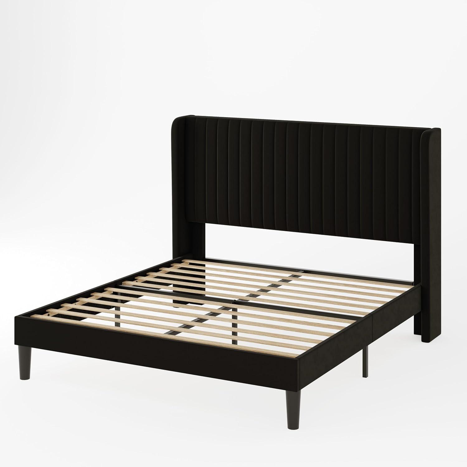 Candler Velvet Upholstered Platform Bed with Wingback Headboard and Wooden Slats