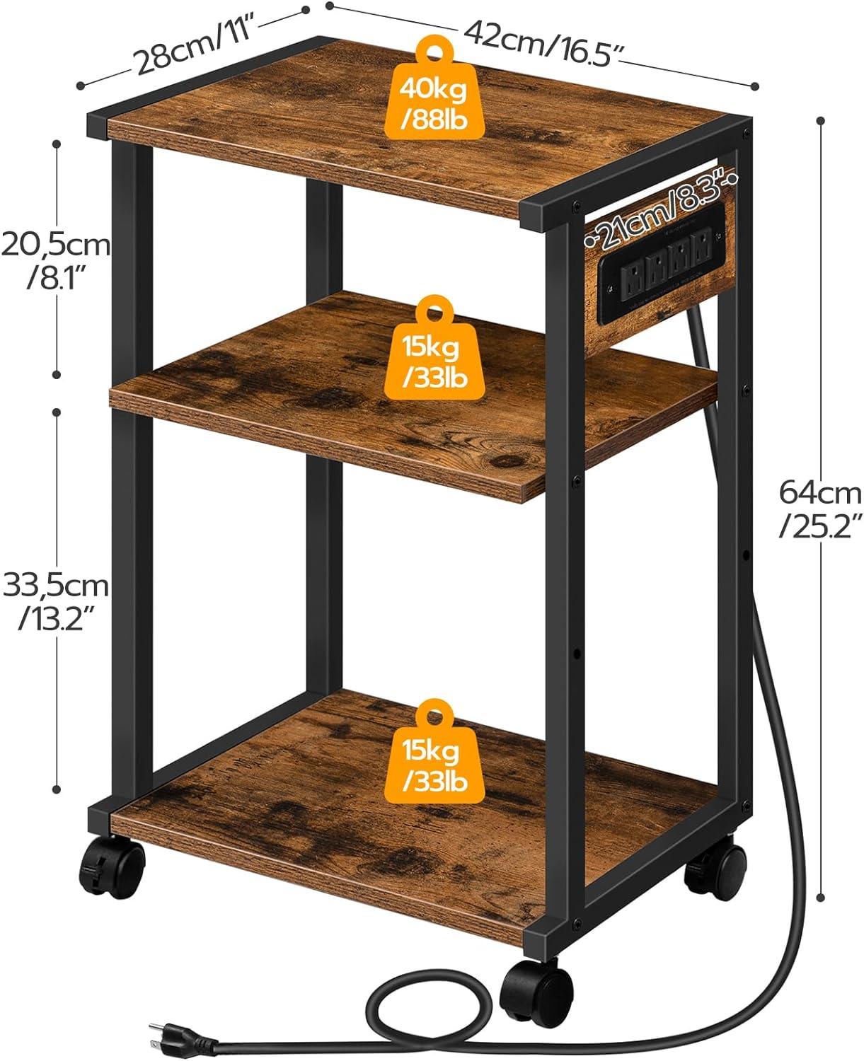 Rustic Brown and Black 3-Tier Industrial Printer Stand with Charging Station