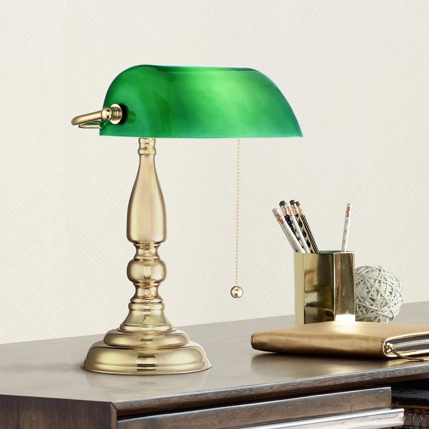 360 Lighting Hammond Traditional Piano Banker Desk Lamp 14" High Brass Plating Green Glass Shade for Bedroom Bedside Nightstand Office Kids House Home