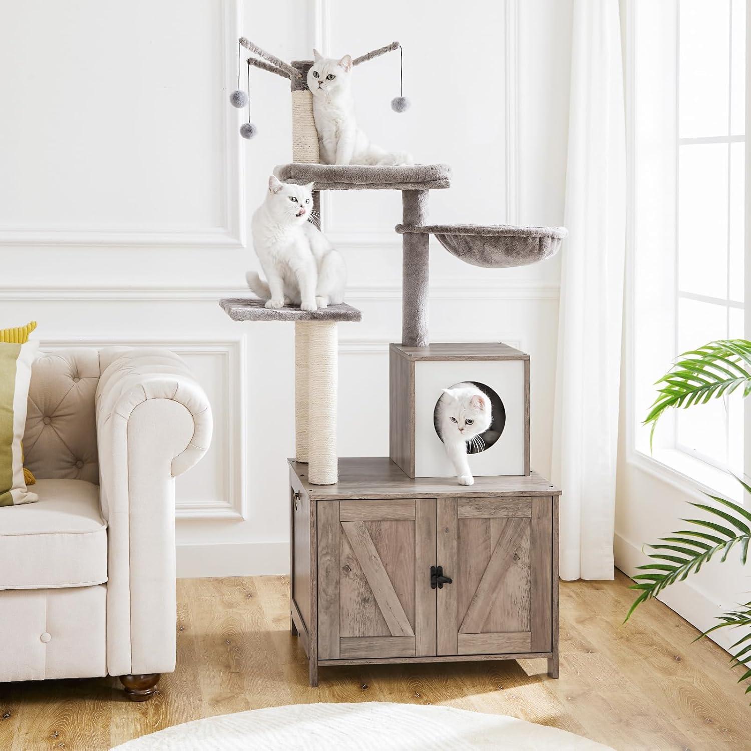 Litter Box Enclosure with Cat Tree, 2-in-1 Cat Tree Tower, Hidden Cat Litter Box Furniture with Scratching Post, Modern Cat Condo, Grey