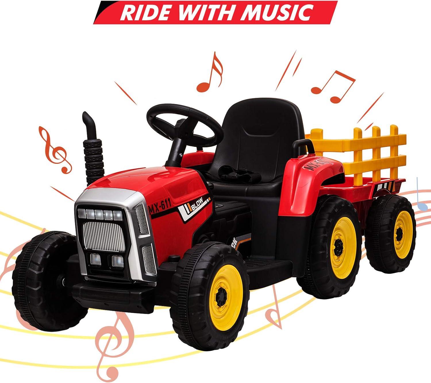 Red 12V Kids Electric Tractor with Remote Control and Trailer