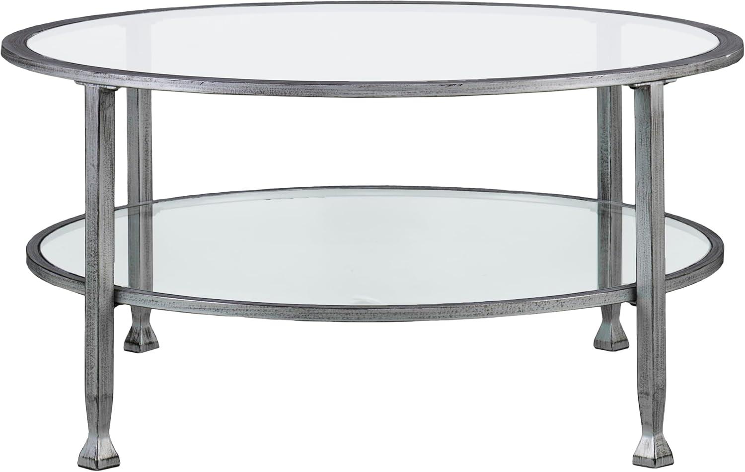 Furniture Jaymes Metal & Glass Round 2-Tier  Coffee Table  Silver/Black Distressing