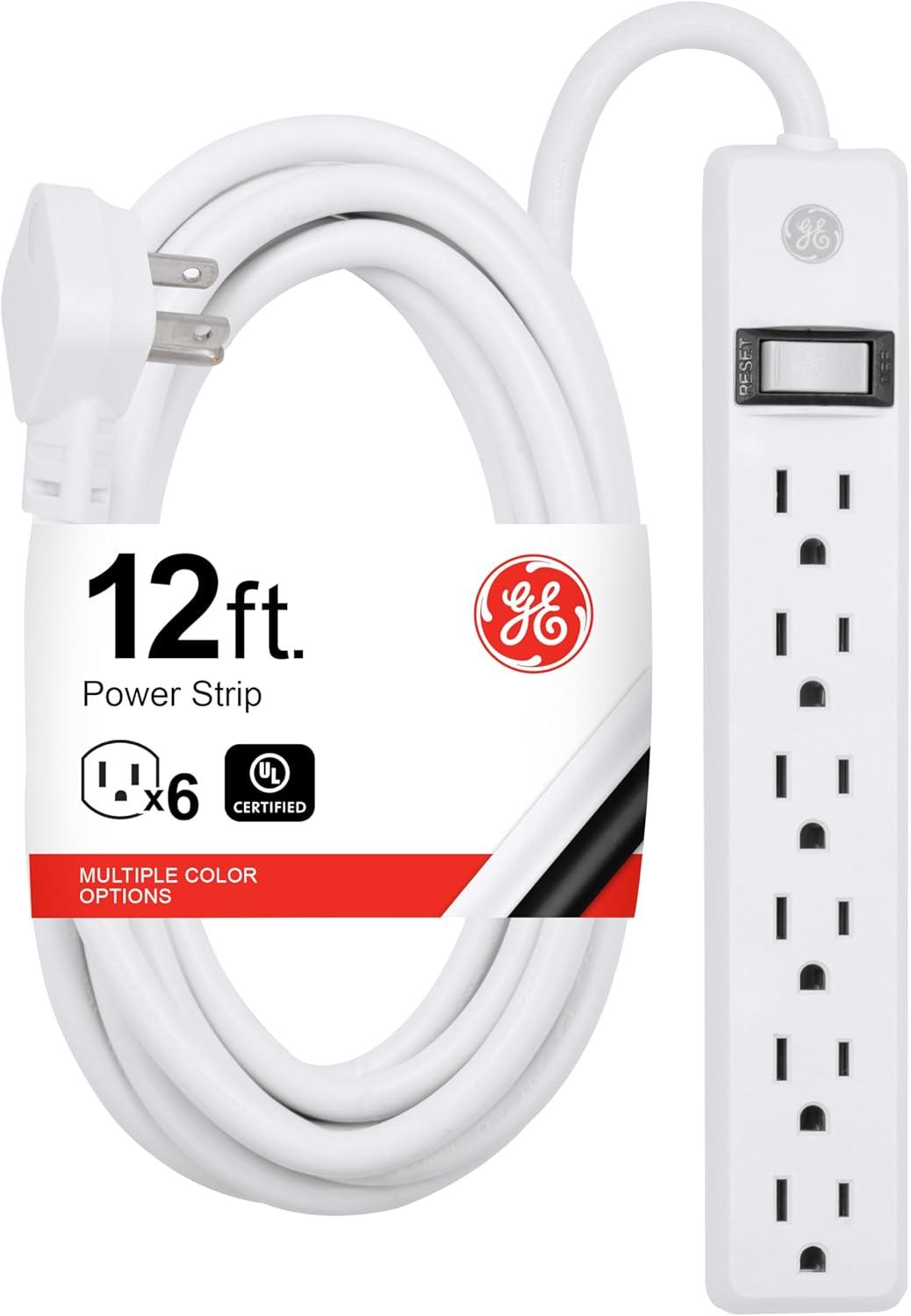 White 12ft PVC 6-Outlet Power Strip with Circuit Breaker