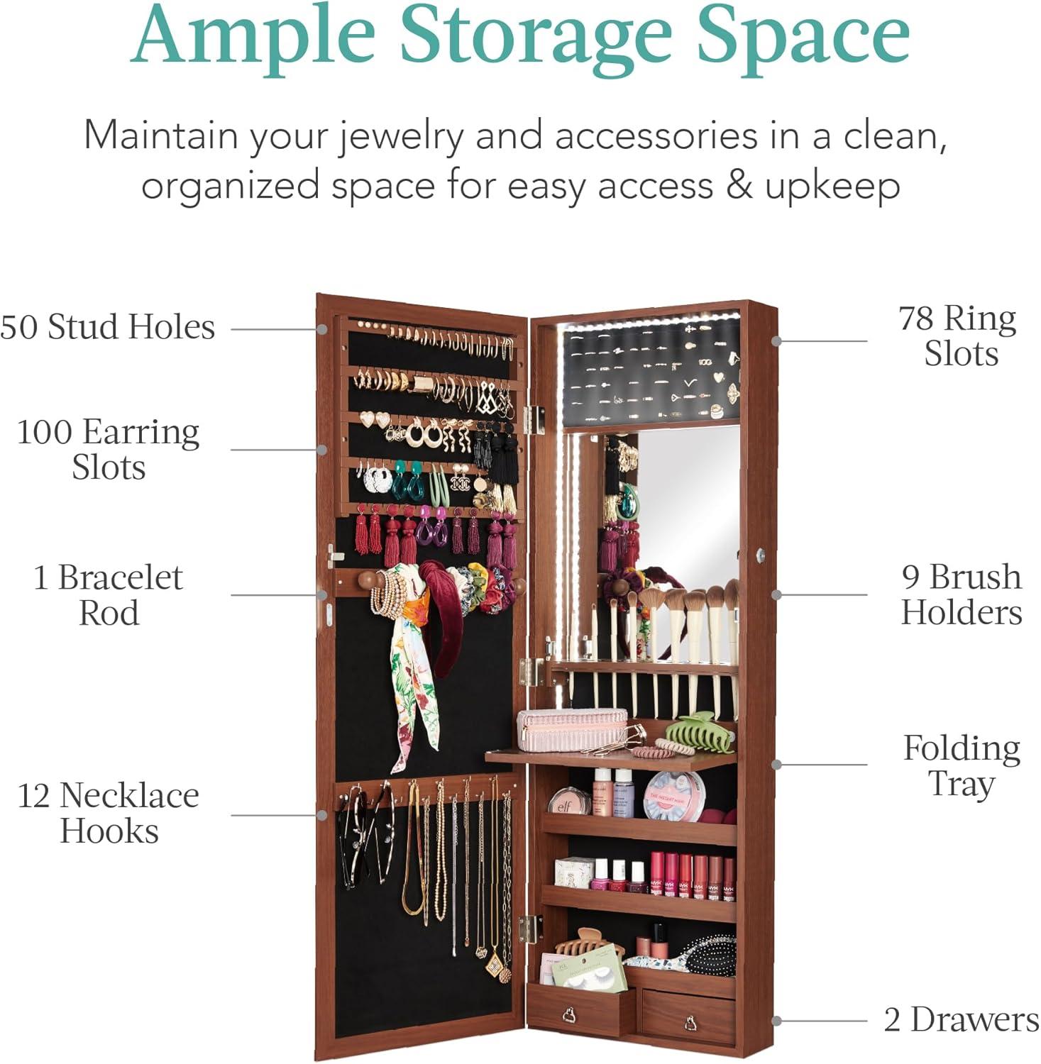 Best Choice Products Hanging Mirror Jewelry Armoire, Door or Wall Mounted Cabinet w/ LED Lights, Lock - Walnut
