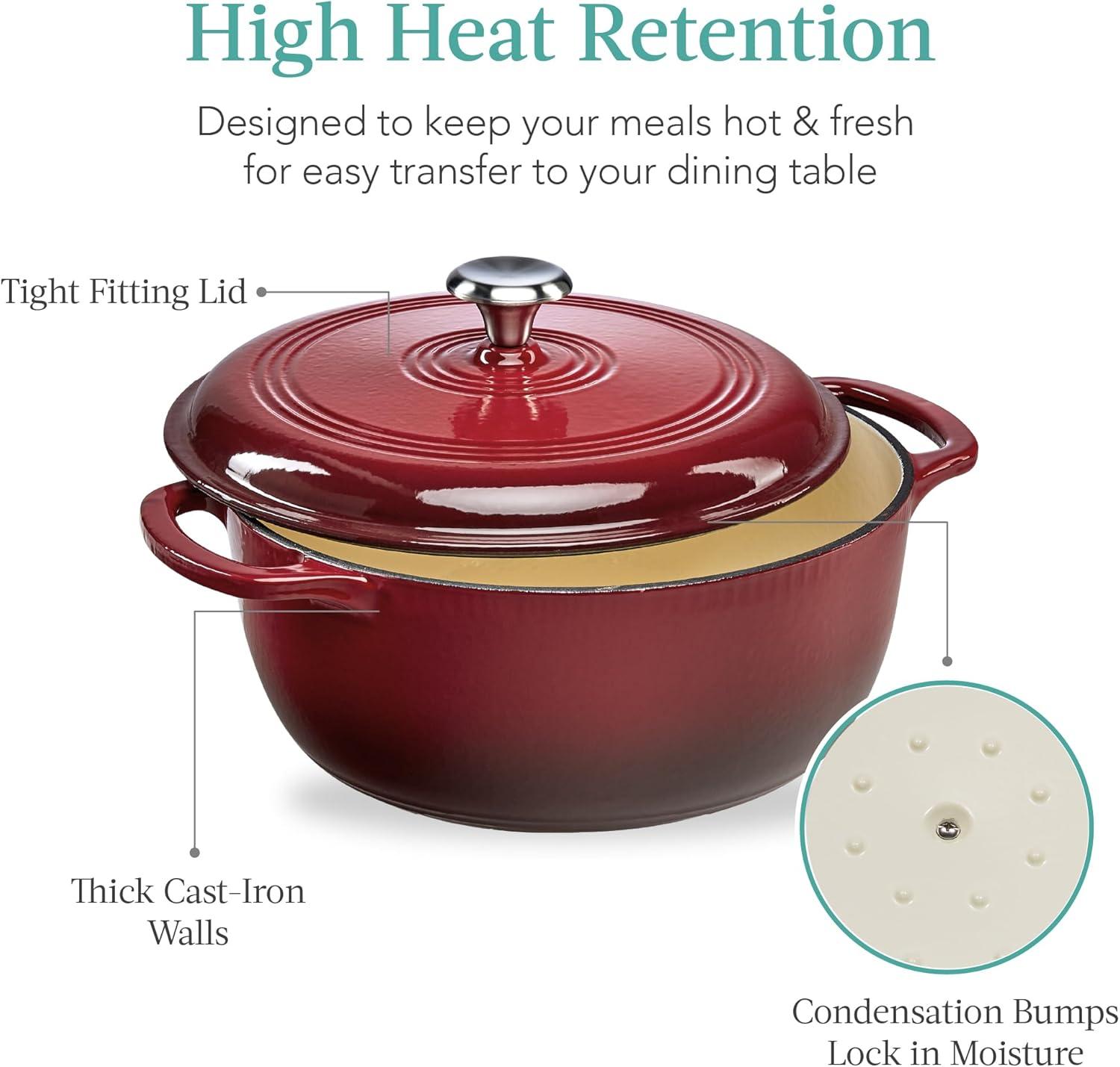 Enameled Red Cast Iron 6 Quart Dutch Oven with Dual Handles