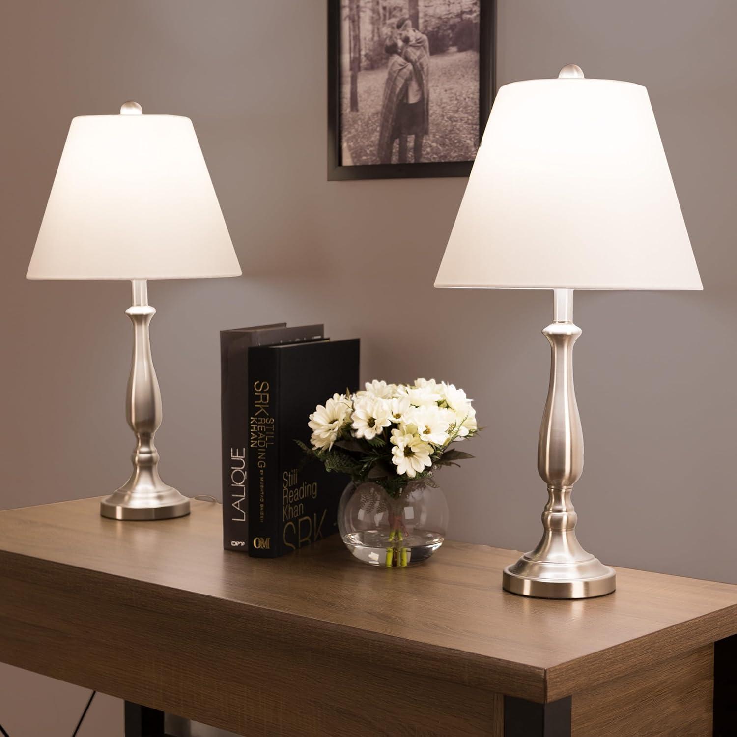 Set of 2 Brushed Steel Table Lamps with White Shades