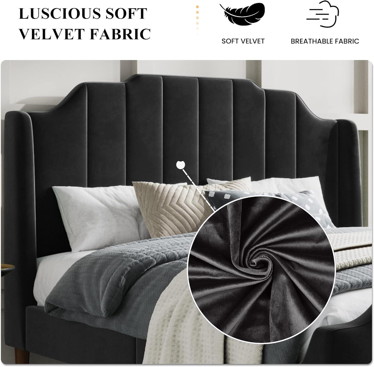 Sha Cerlin Queen Size Platform Bed Frame with Modern Curved Upholstered Wingback Headboard, Blue