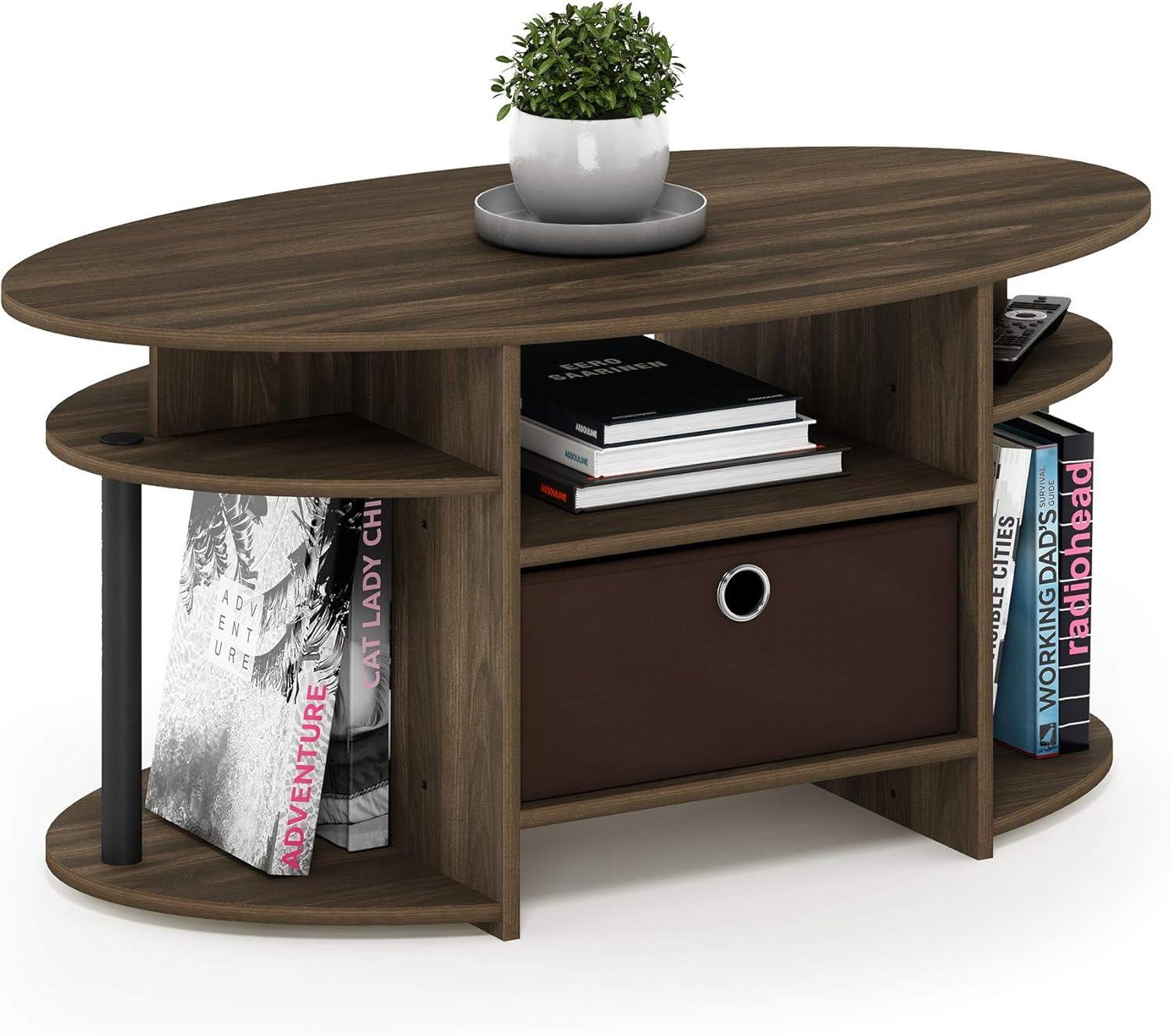 Furinno JAYA Simple Design Oval Coffee Table with Bin, Columbia Walnut/Black/Dark Brown
