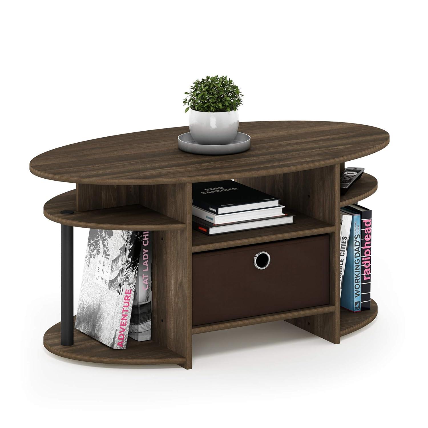 Furinno JAYA Simple Design Oval Coffee Table with Bin, Columbia Walnut/Black/Dark Brown