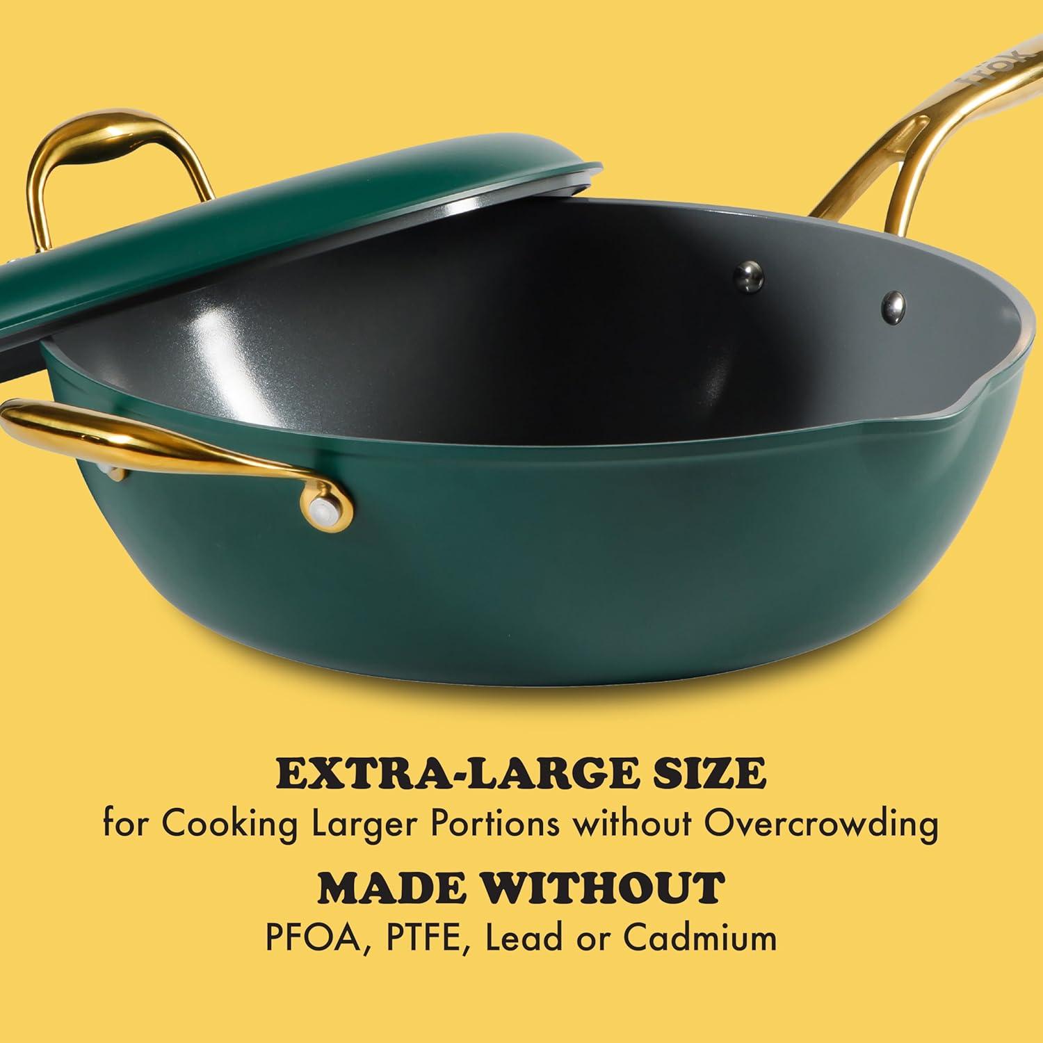 frök Frok 13"  Frying Pan Wok Skillet 4MM Thick Quick Heat Aluminum Cookware W/ Aluminum Lid Set W/ Premium PFA Free Ceramic Nonstick Interior & Heat Resistant Exterior - Induction