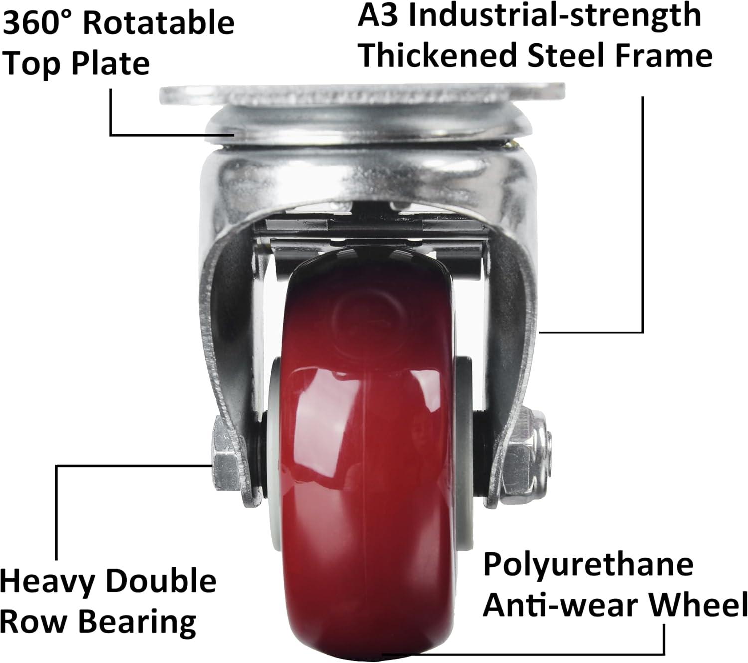 Caster Wheels Set of 4 with Brake Plate Swivel Casters Premium Polyurethane Wheels PU Load Bearing 1,200 Lbs Lockable Anti-wear Smooth Casters Red